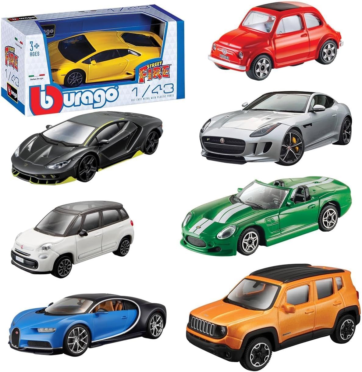 Bburago Street Fire – Set 12 Modellini Auto in Scala 1:43, Macchinine in Metallo Die-Cast, Modelli Assortiti da Collezione, Regalo per Bambini e Collezionisti