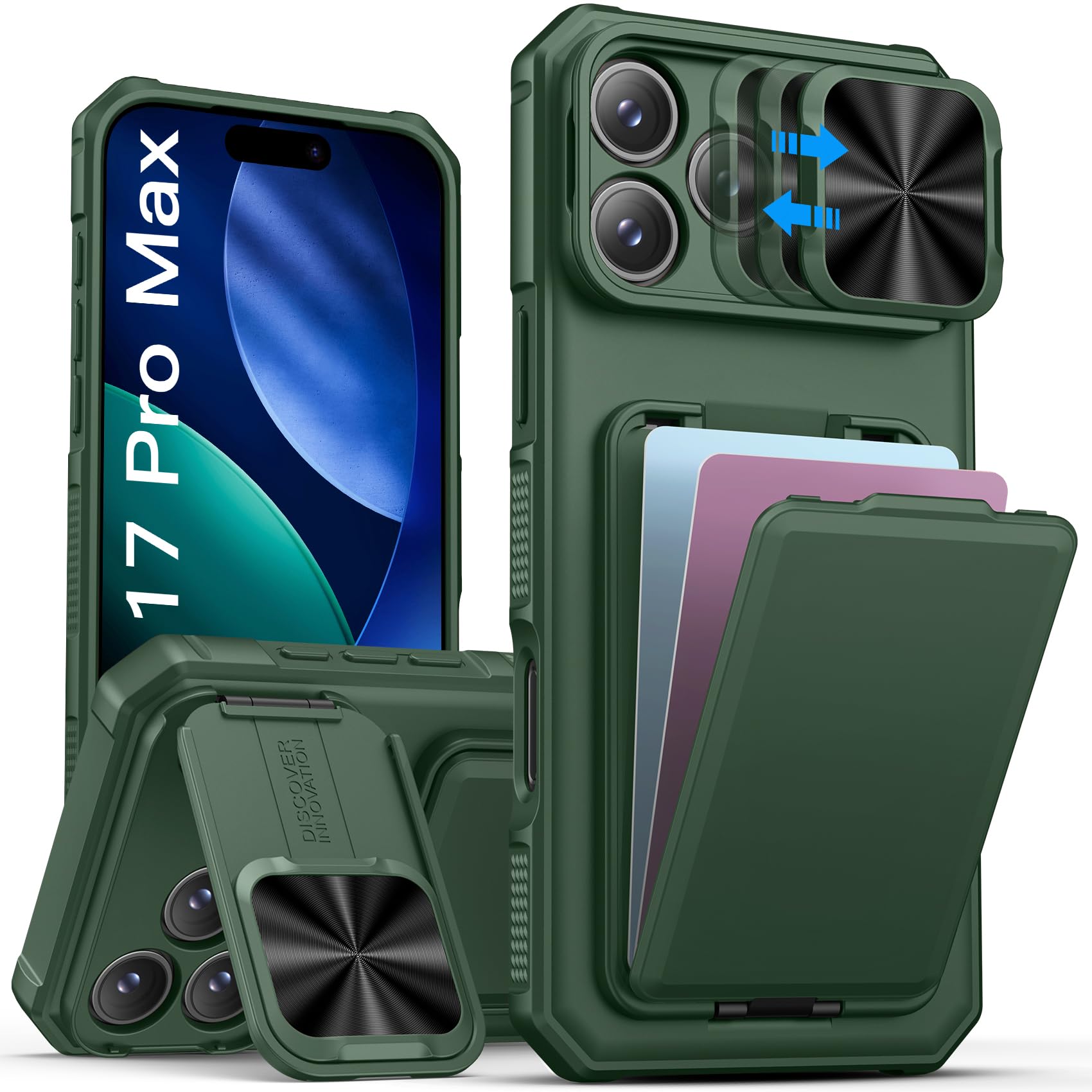 SSLOTSCASE for 17 Pro Max Case with Card Holder & Camera Cover Stand, Green