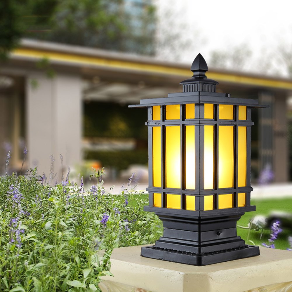 Lampy słupkowe OutdoorSquare Zewnętrzne latarnie słupkowe Europejskie szklane wodoodporne światła IP55 E27 Dekoracja do pawilonu werandowego Patio Krajobraz,Czarny-wysokość 35 cm