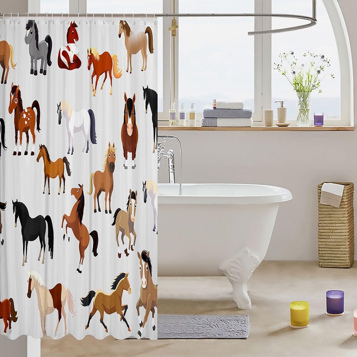 Cartoon Horse Shower Curtain Set for Boys Girls Various Farm Animals Bath Curtain for Child Kids Western Farmhouse Animals Waterproof Shower Curtain Cowboys Wildlife 72" Wx84 L Plain White