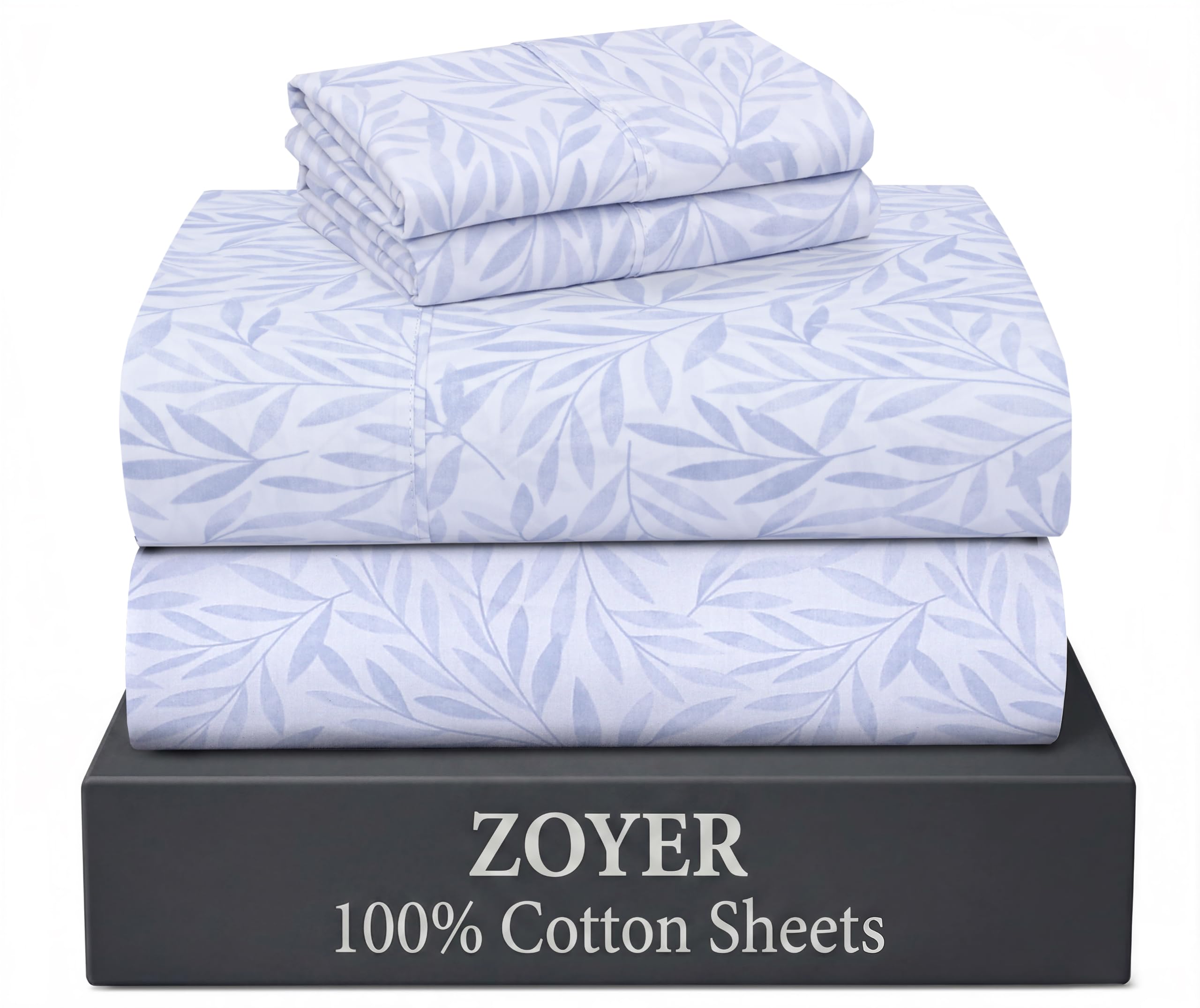 ZOYER 100% Cotton Queen Sheets, Percale Weave, Blue Autumn