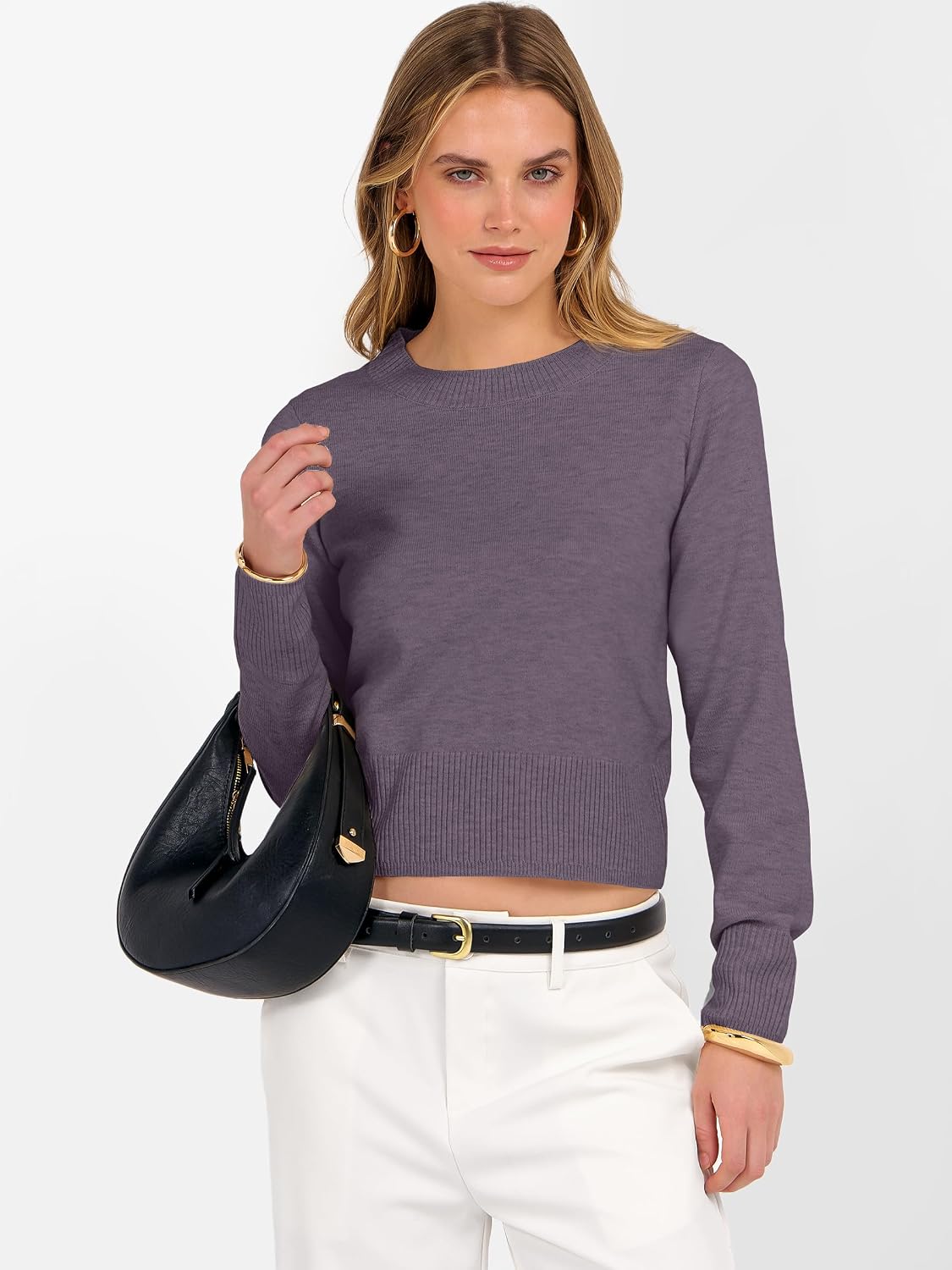 ANRABESS Women’s Long Sleeve Sweaters Cropped Crew Neck Business Casual Light Weight Sweater Tops Fall Fashion Clothes