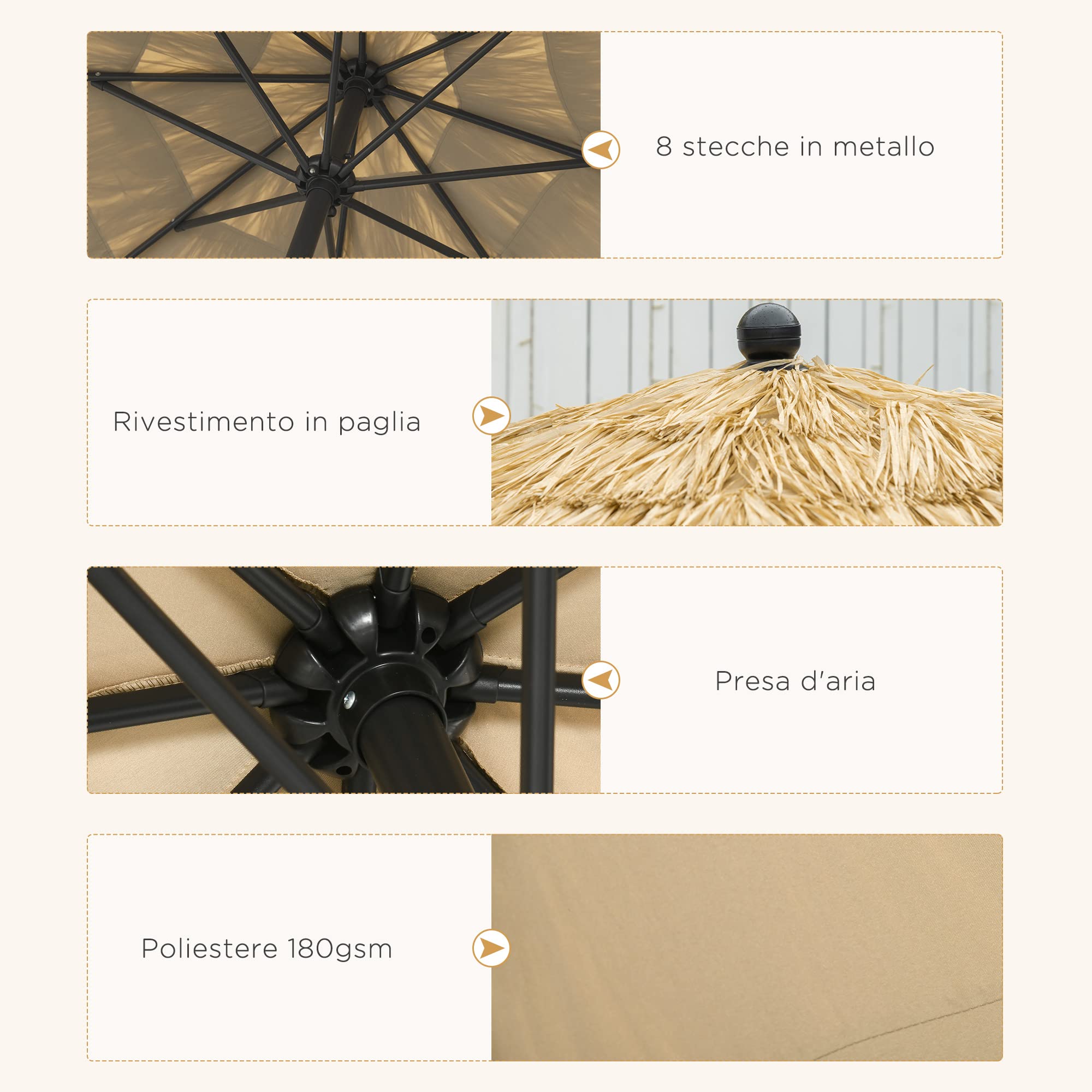 Outsunny Ombrellone da Giardino 2.6x2.6m Inclinabile con Manovella Cachi | Reclinabile, Ombrellone da Esterno Rotondo Hawaiano, 8 Stecche, Alluminio e Poliestere, per Cortile Balcone Terrazzo