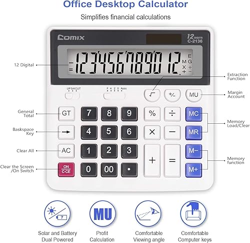 Miniatura 2 de Comix Calculadora de escritorio, pantalla LCD grande de 12 dígitos y teclas de computadora grandes, batería solar de doble alimentación, calculadora