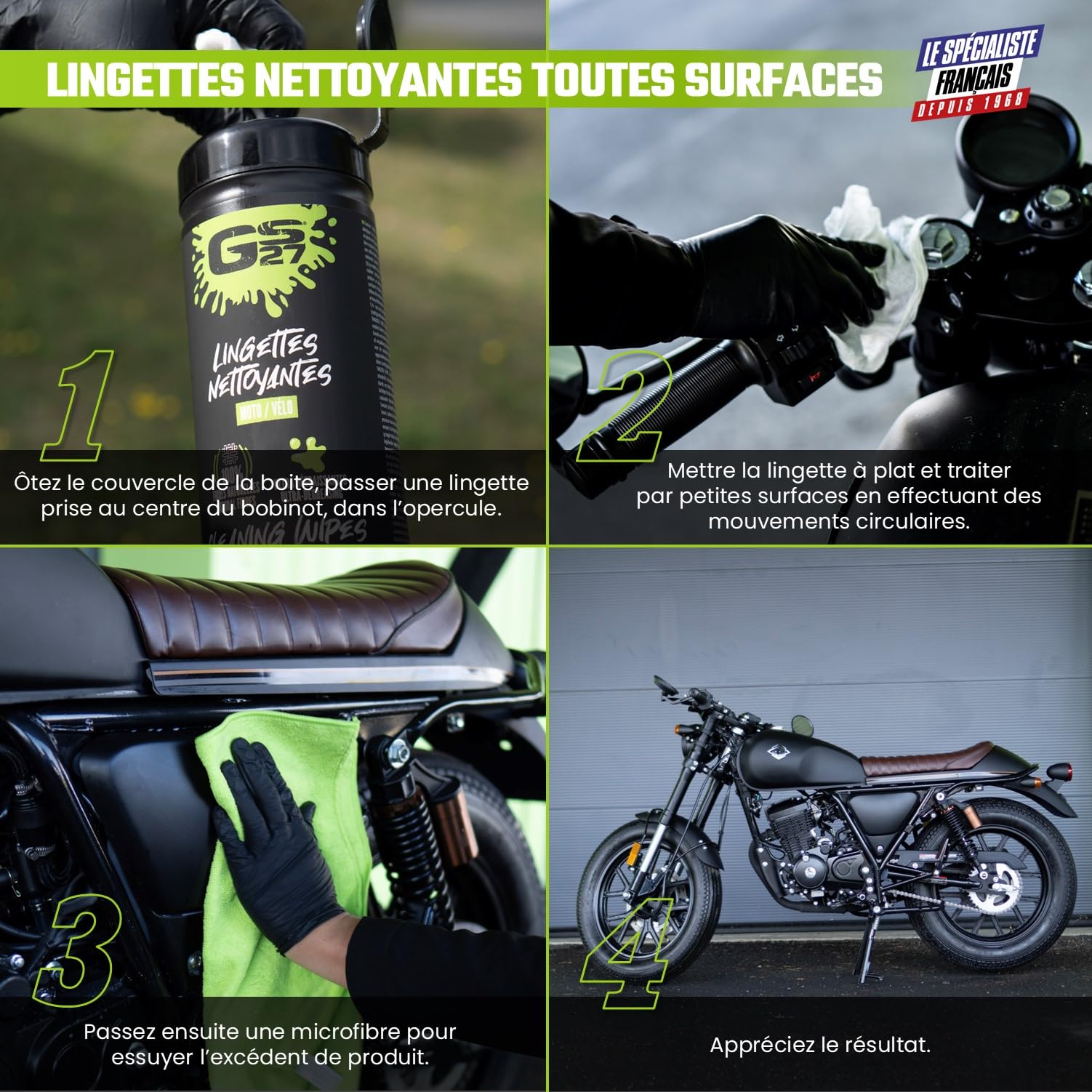 GS27 - Salviette ultra detergenti - Moto e bicicletta - sgrassa e fa brillare - 100% viscosa - Formato XXL 19 x 25 cm