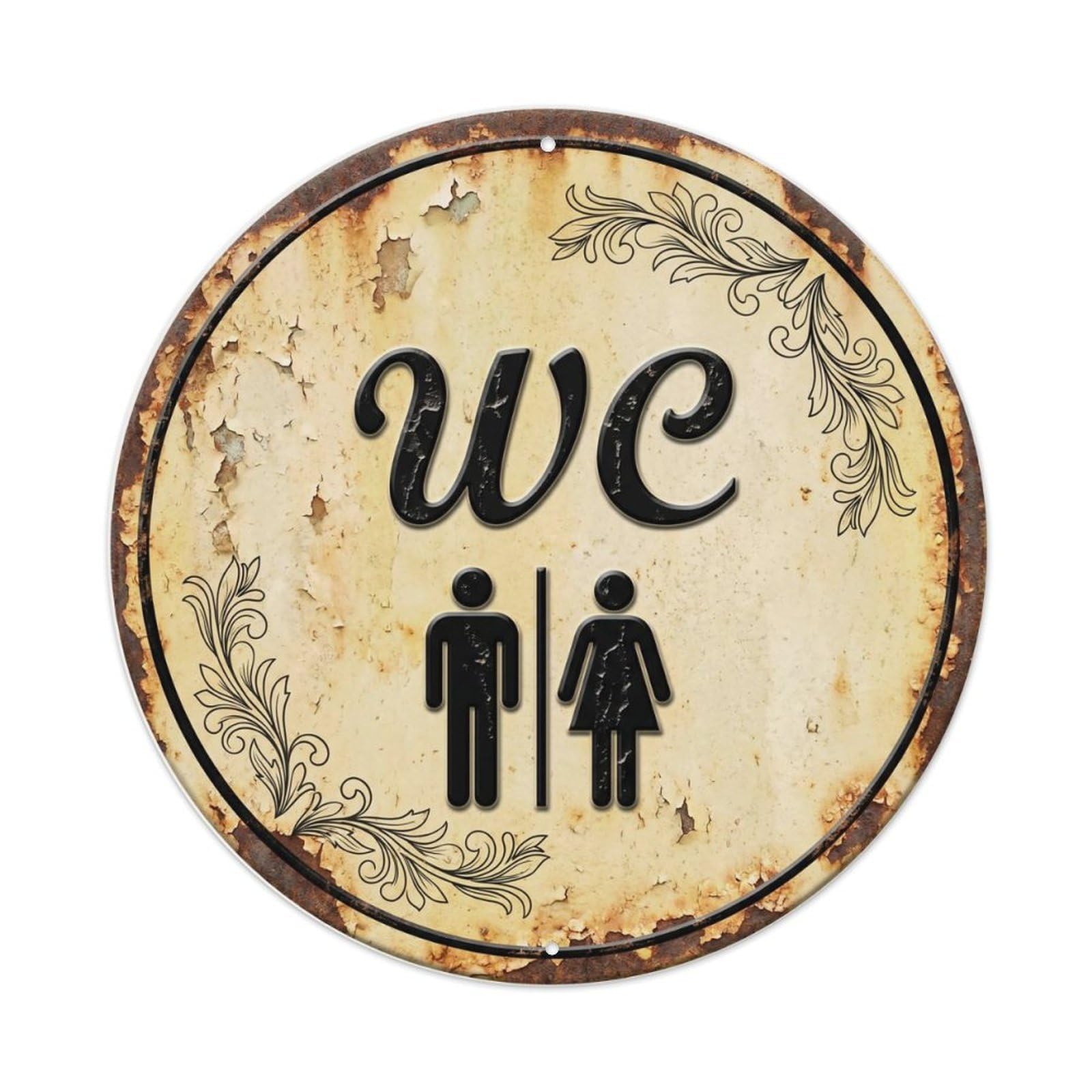 Toilet （WC） Shabby Beige Emblem Metal Tin Sign Plaque Wall Decor for Cafe, Club Bar, Office, Home Garden Round Metal Poster 8x8Inch