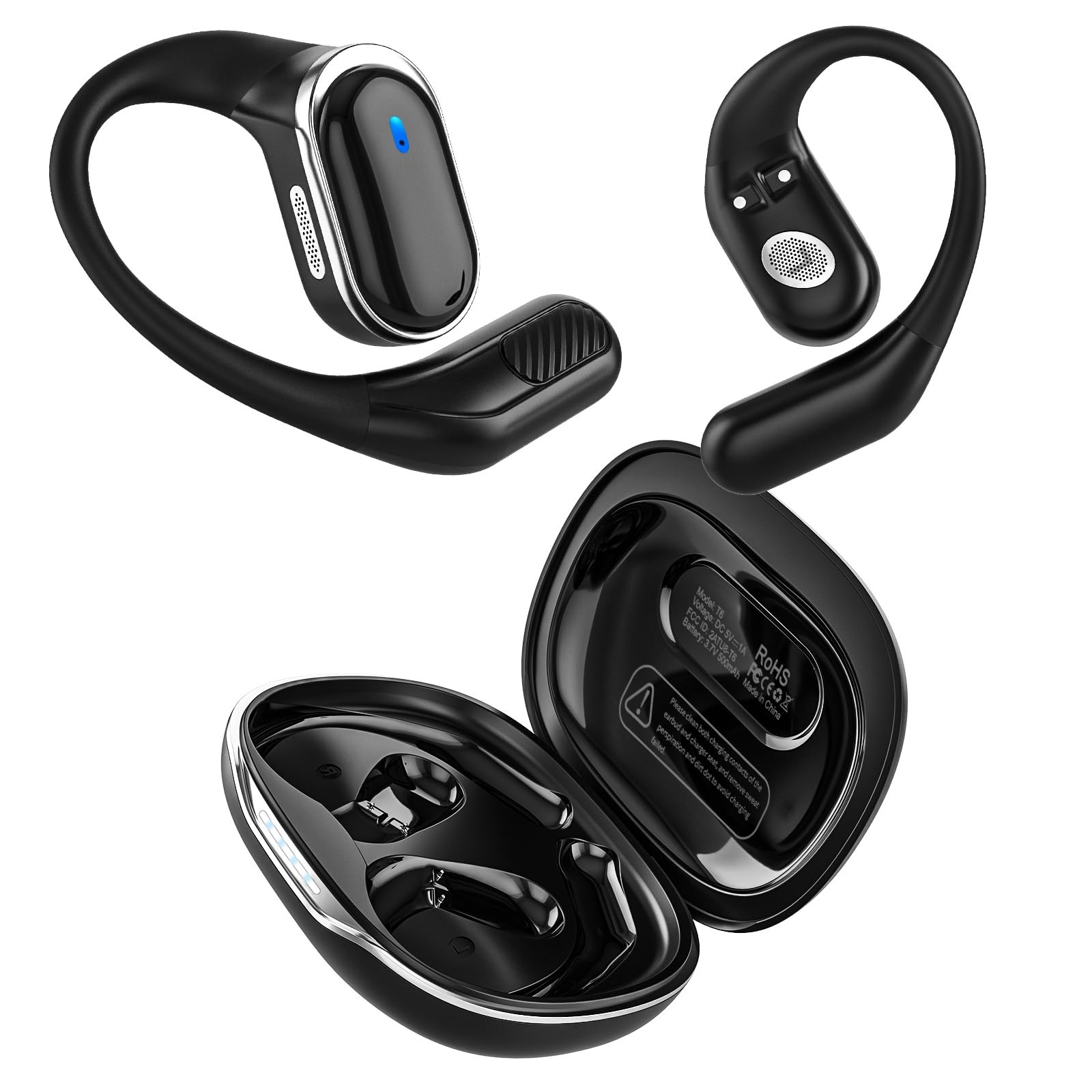 Wireless Earbuds Bluetooth 5.4 Headphones, 50H Playtime Stereo Earphones with ENC Noise Cancelling, IPX7 Waterproof Open Ear Buds with Ergonomic Earhook for Fitness/Sports/Workouts (Deep Black)