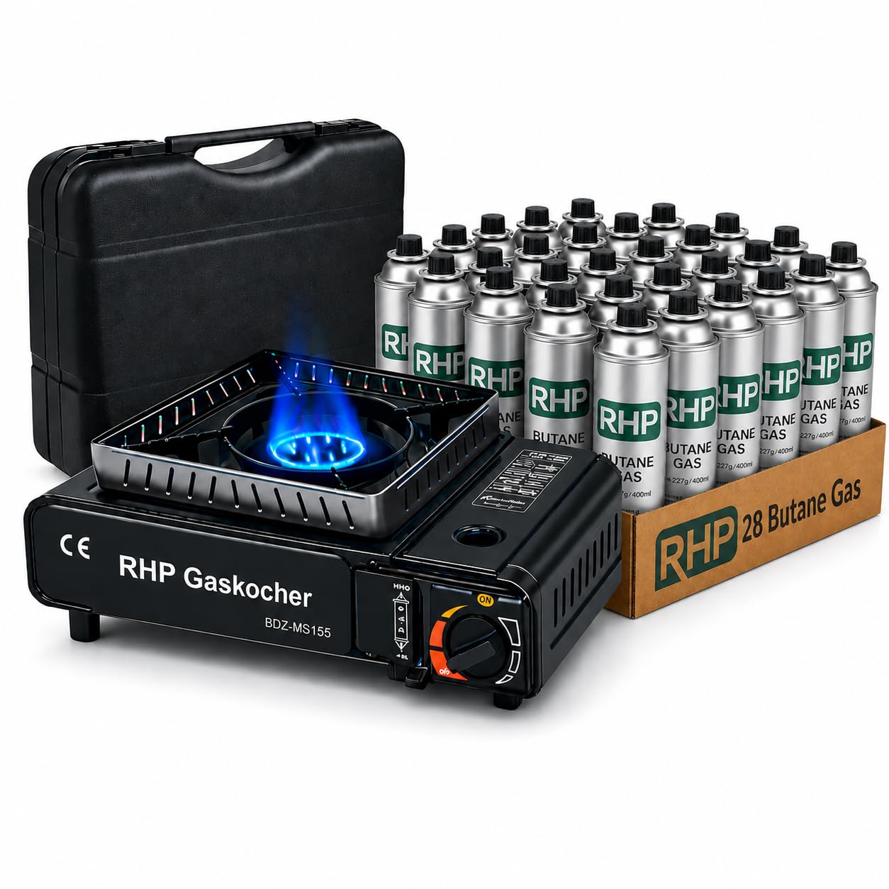RHP Outdoor Gaskocher Campingkocher I Gasherd Kochfeld mit 28 Bajonett Gaskartuschen – für Camping Reisen Urlaub Wandern Picknick Garten – mit praktischem Koffer - bis zu 30% weniger Gasverbrauch