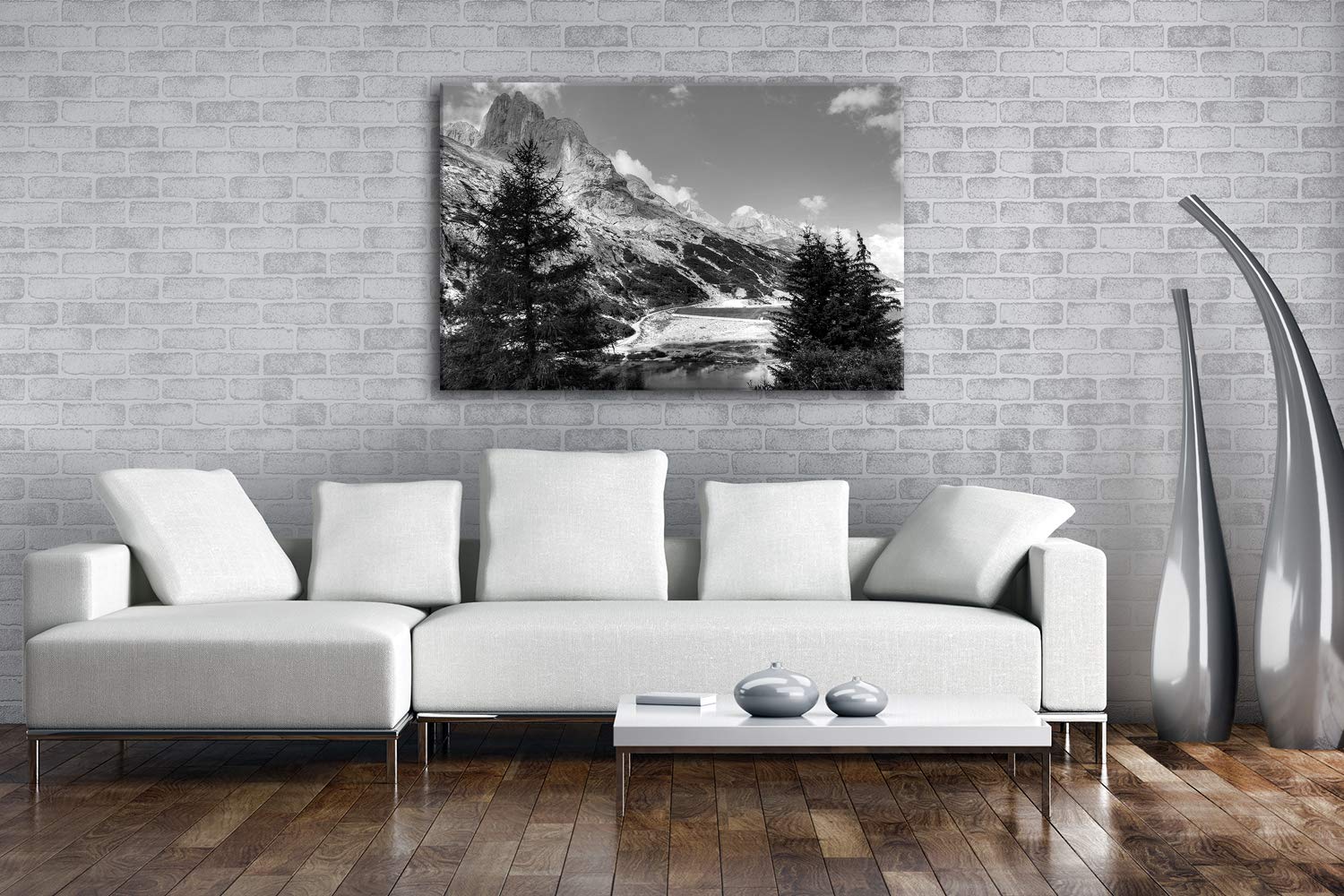 Leinwandbild Berge in Südtirol – Majestätische Höhen Format: 120x80 cm Effekt: Schwarz&Weiß XXL Kunstdruck Bild auf Keilrahmen/Wandbild/Wohnzimmer Deko