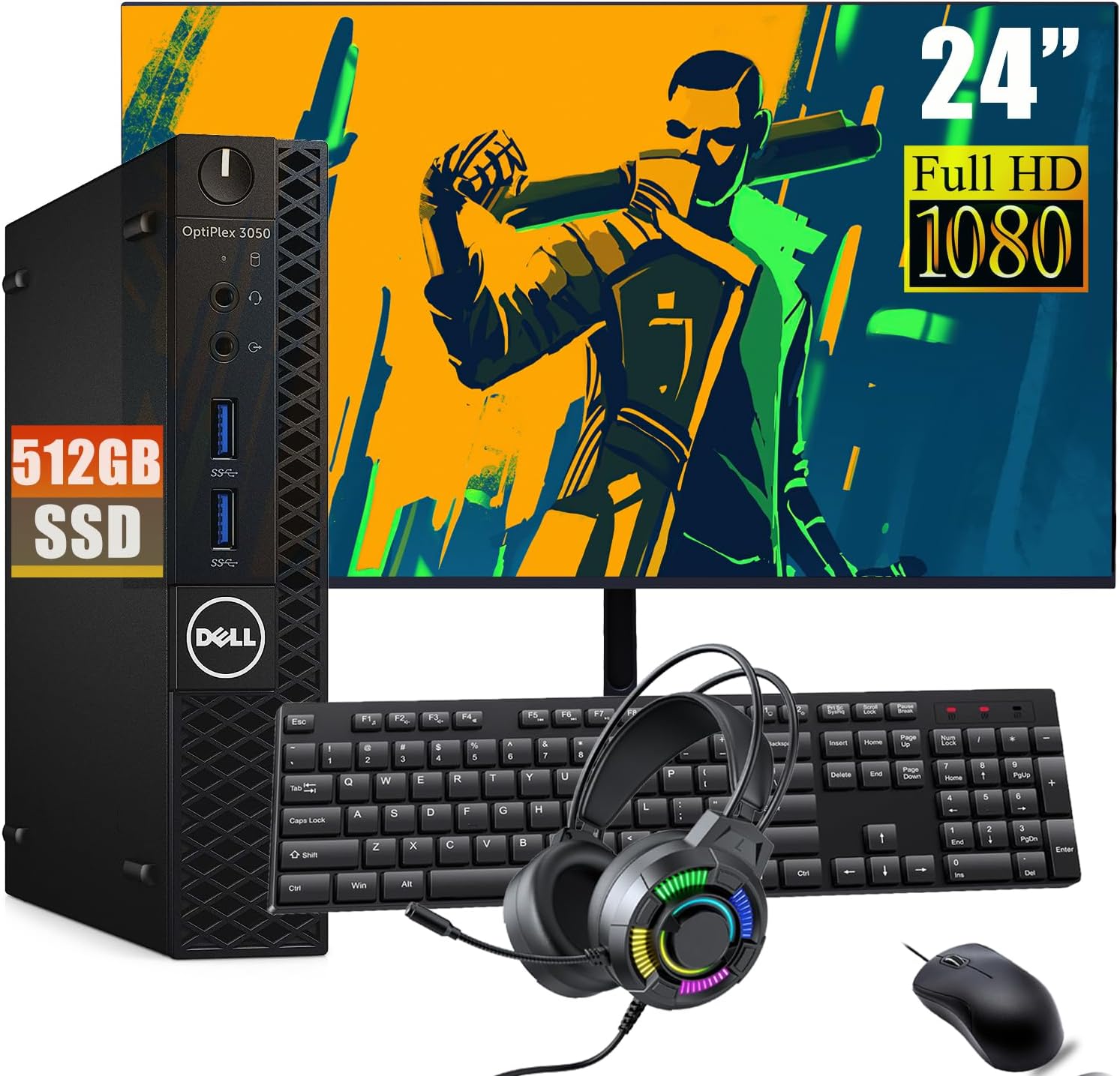 Dell Optiplex 3050 Mini Desktop PC, 24" FHD Monitor and RGB Headset, Intel i5-7500 3.4GHz-3.8GHz, 16GB DDR4 RAM, 512GB SSD, Keyboard & Mouse, WiFi, DP, Windows 11 Pro 64 (Renewed)