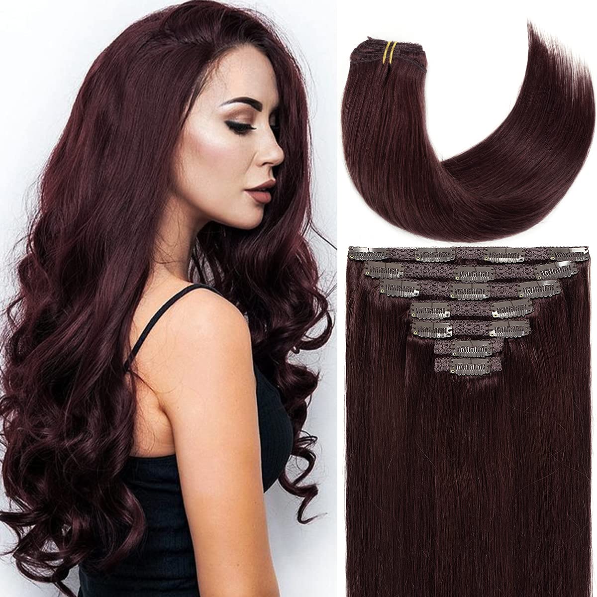 Caliee Clip in Hair Extensions Real Human Hair Burgundy Wine Red Color Double Weft