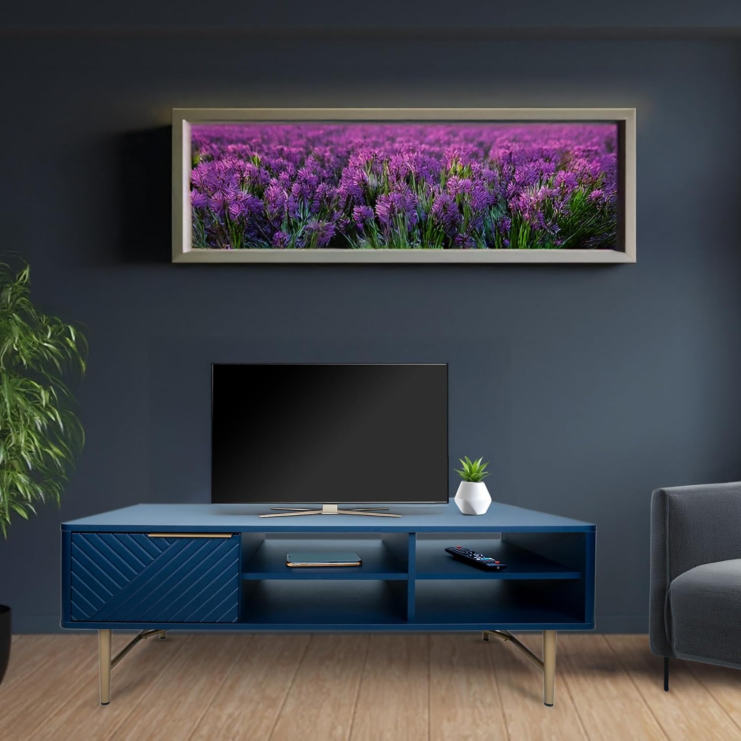 Modern Coffee Table with Storage - Dark Blue Matte Finish with Gold-Tipped Legs, Square Coffee Table for Living Room and Farmhouse with Storage Compartment and Adjustable Shelves