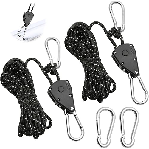 2 Pcs 4M Ratchet Ropes, Grow Lights Ratchet Hangers with 2 Replacement Snap Hooks Metal, Adjustable Heavy Duty Rope Hanger for Grow Room Equipment and Outdoor Camping (Black)