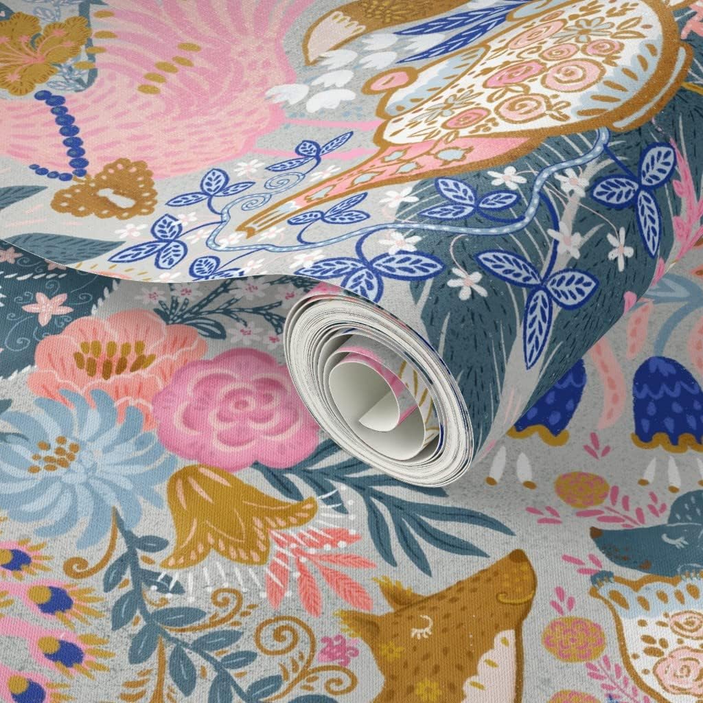 Peel & Stick Wallpaper 3ft x 2ft - Tea Time Fairy Tale Animas Whimsial Maximalist Gray Pink Custom Removable Wallpaper by Spoonflower