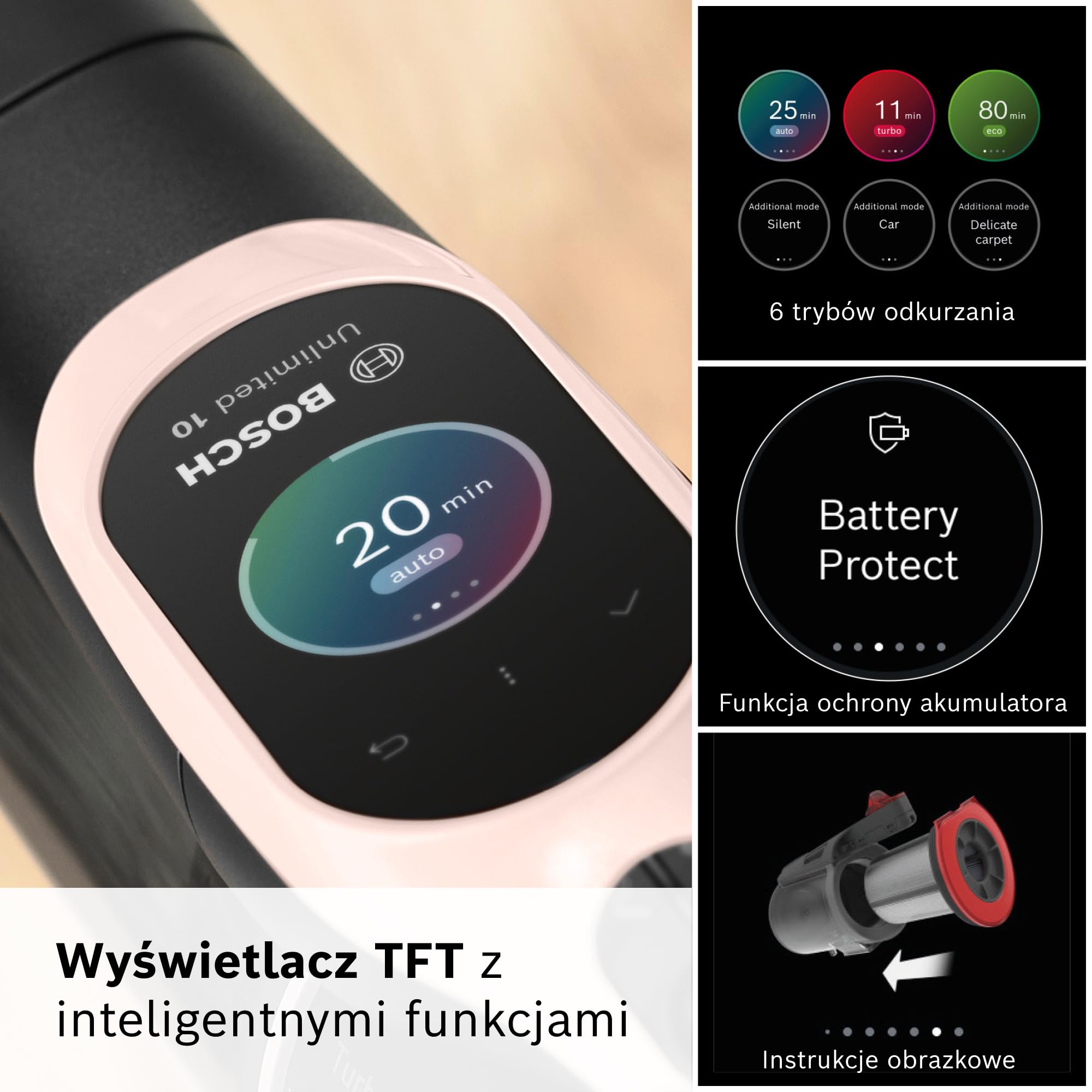 Bosch Unlimited 10, Odkurzacz Bezprzewodowy z Technologią MicroClean, łatwo opróżnianym pojemnikiem na kurz, zginaną rurą, podświetleniem LED i akumulatorem 4,0 Ah, kolor różowy, BKS1041RHF