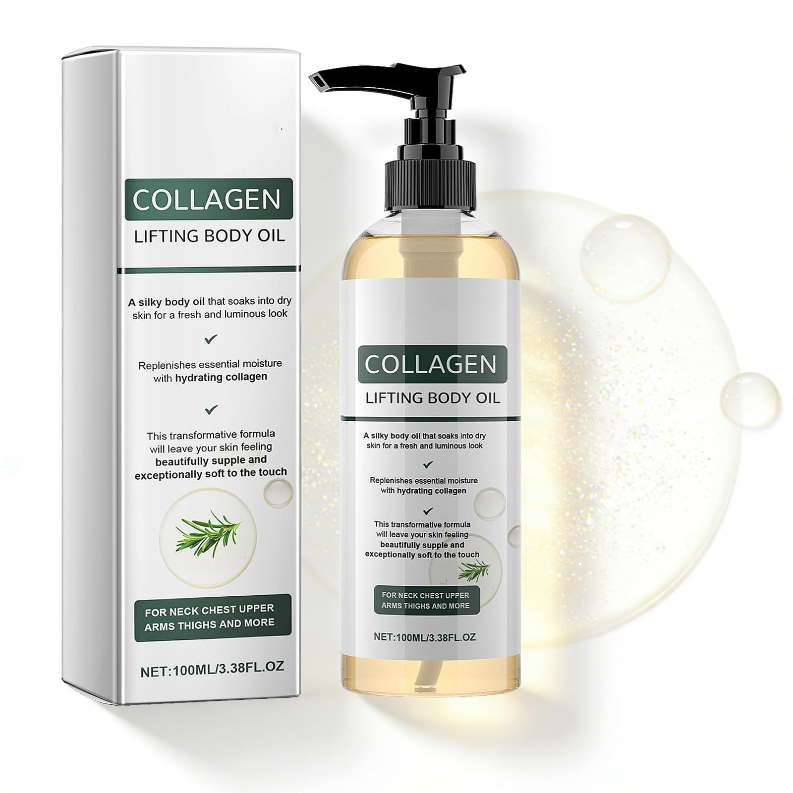 Collagen Lifting Body Oil with Vitamin E & Rosemary - Firming & Tightening Oil for Neck, Chest, Arms, Thighs - Hydrating Formula for Silky, Fresh, Luminous, and Supple Skin - 100ml (1PC)