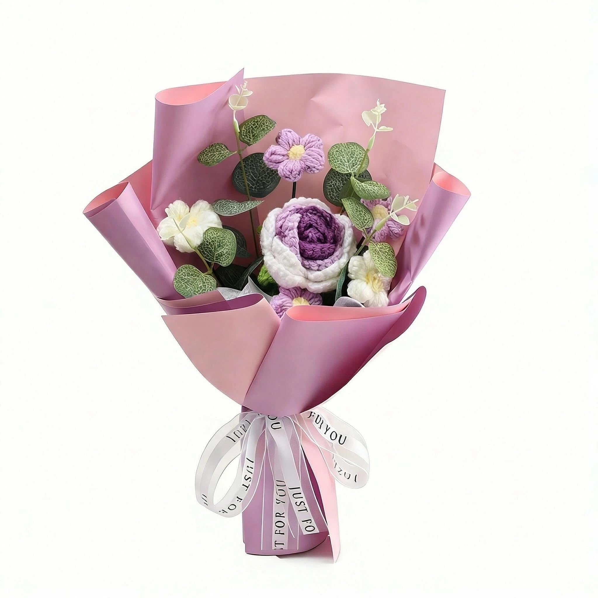 QIANSSE Crochet Flowers Bouquet Knitted Roses, Handmade Artificial Floral, Graduation Teacher Appreciation for Loved Ones Moms Dads Women Teachers (Purple)
