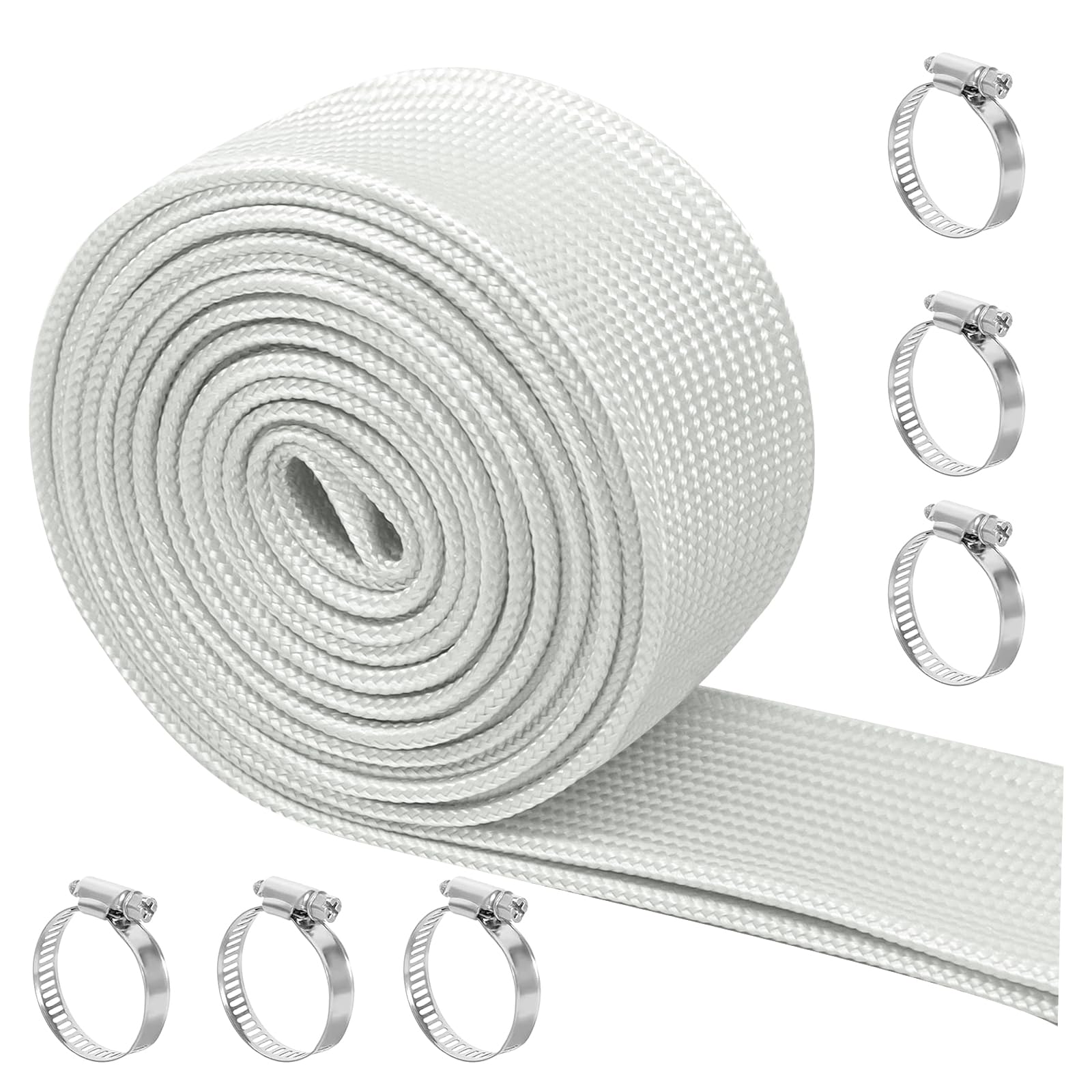 alwaiiz Abgasschlauch für Stromerzeuger 25 mm, 300cm Weiß Isolierung Hitzeschutzschlauch, Fiberglass Sleeving Abgasrohr mit Edelstahl-Schelle für Heizungsrohre und Abgasrohre