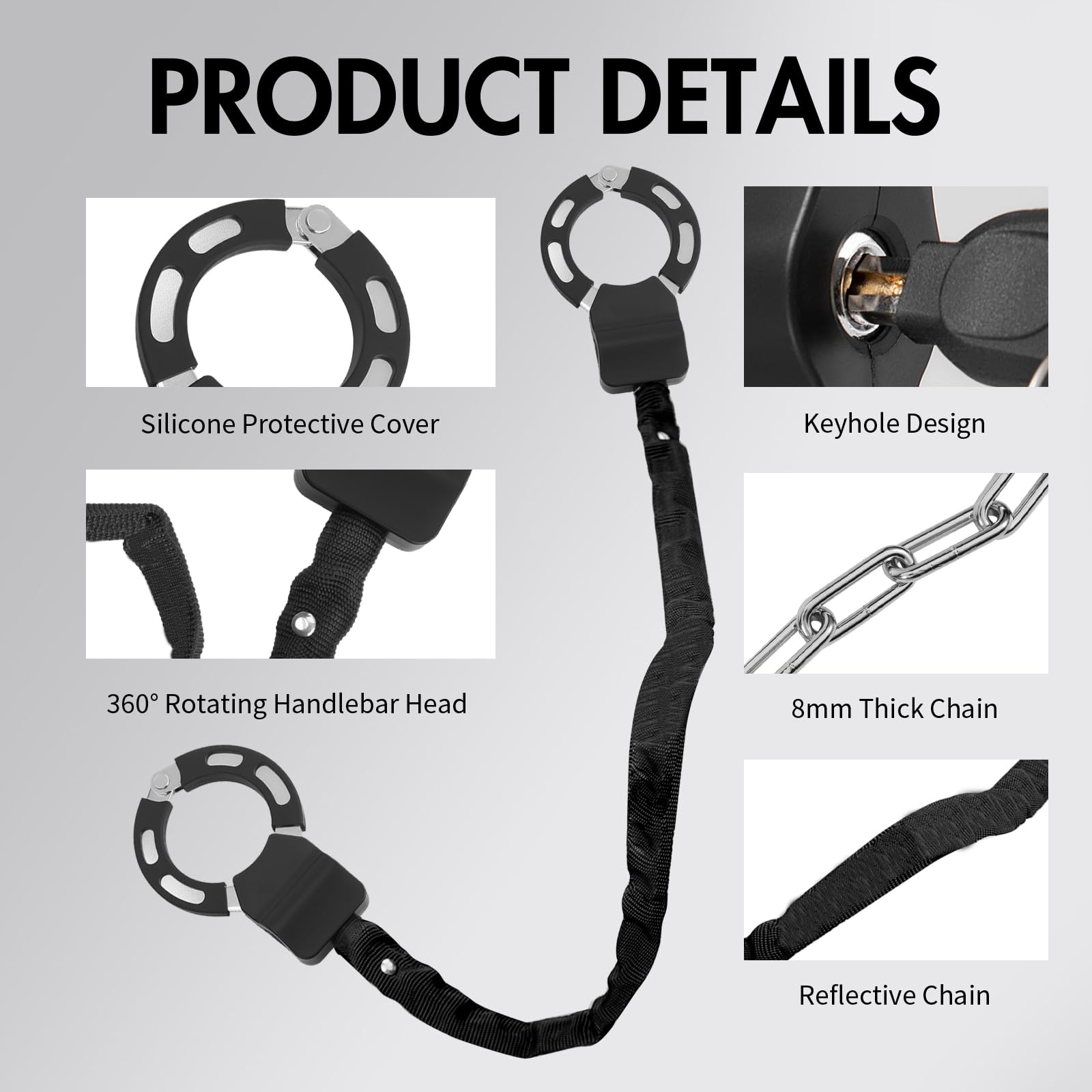 Serratura per Scooter Elettrico, Lucchetto Monopattino Elettrico a Doppio Anello con Chiave e Catena Riflettente, ad Alta Sicurezza, per Biciclette Elettriche e Scooter Elettrici