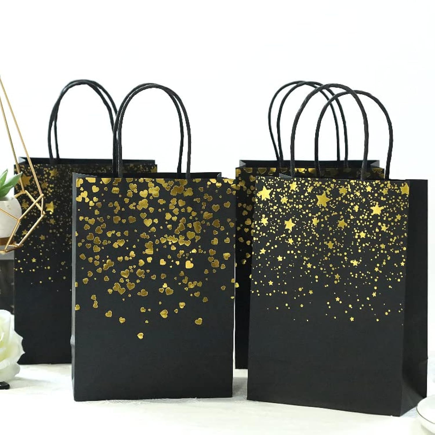 Sharlity Small Black Gold Gift Bags 24pcs Paper Bags with Handles for Halloween, Birthday, Wedding, Bridal, Black and Gold Party Decorations (8.5 x