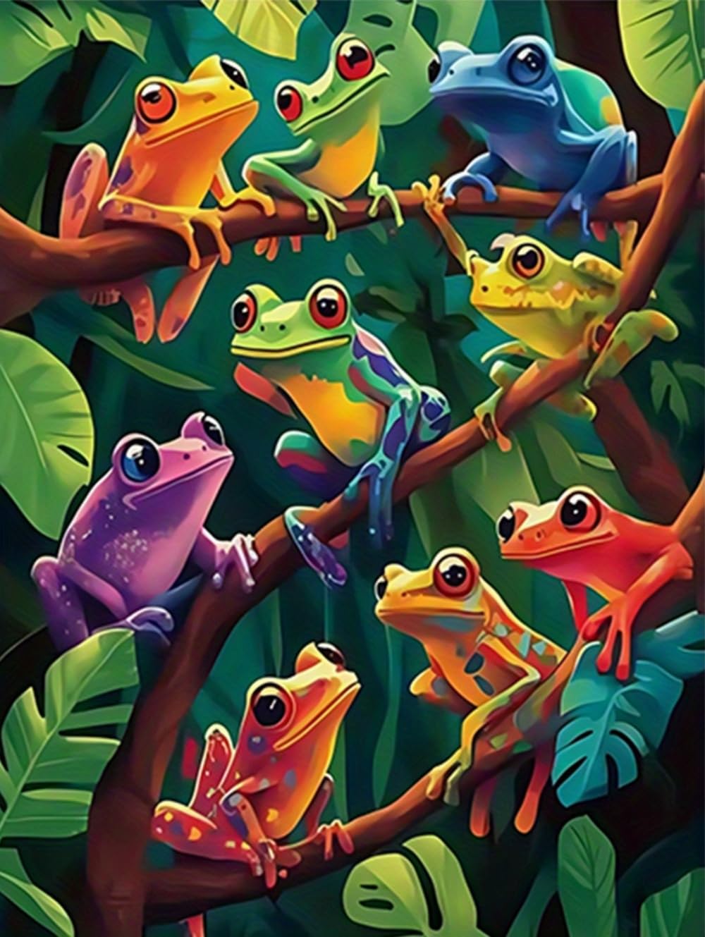 WANGWANGMIAO Paint by Numbers-Colorful Frogs on Branches DIY Canvas Oil Painting Kit for Adults Beginner with Paint Brushes and Acrylic Pigment,16X20 Inch，with Frame