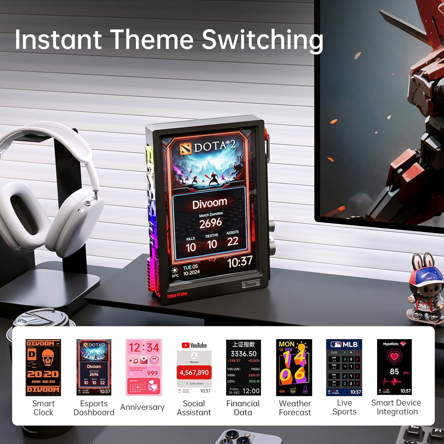 Divoom Times Frame-10.1" Digital Picture Frame Transparent IPS Smart Linux OS with RGBLED Rotary Knob WiFi 64GB 400+Clock Faces Widget 50+API Feeds Gift Mode Pixel Art Community Personalized Display