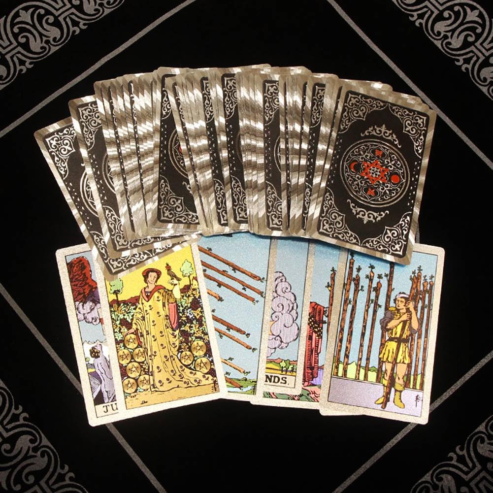 Générique Gold Foil Tarot, Version Anglaise des Outils de Divination, Cartes de Jeu de société de Divertissement Familial, charmants Decks Premium Gold Foil Tarot, Hexagonal Silver,12 * 7cm