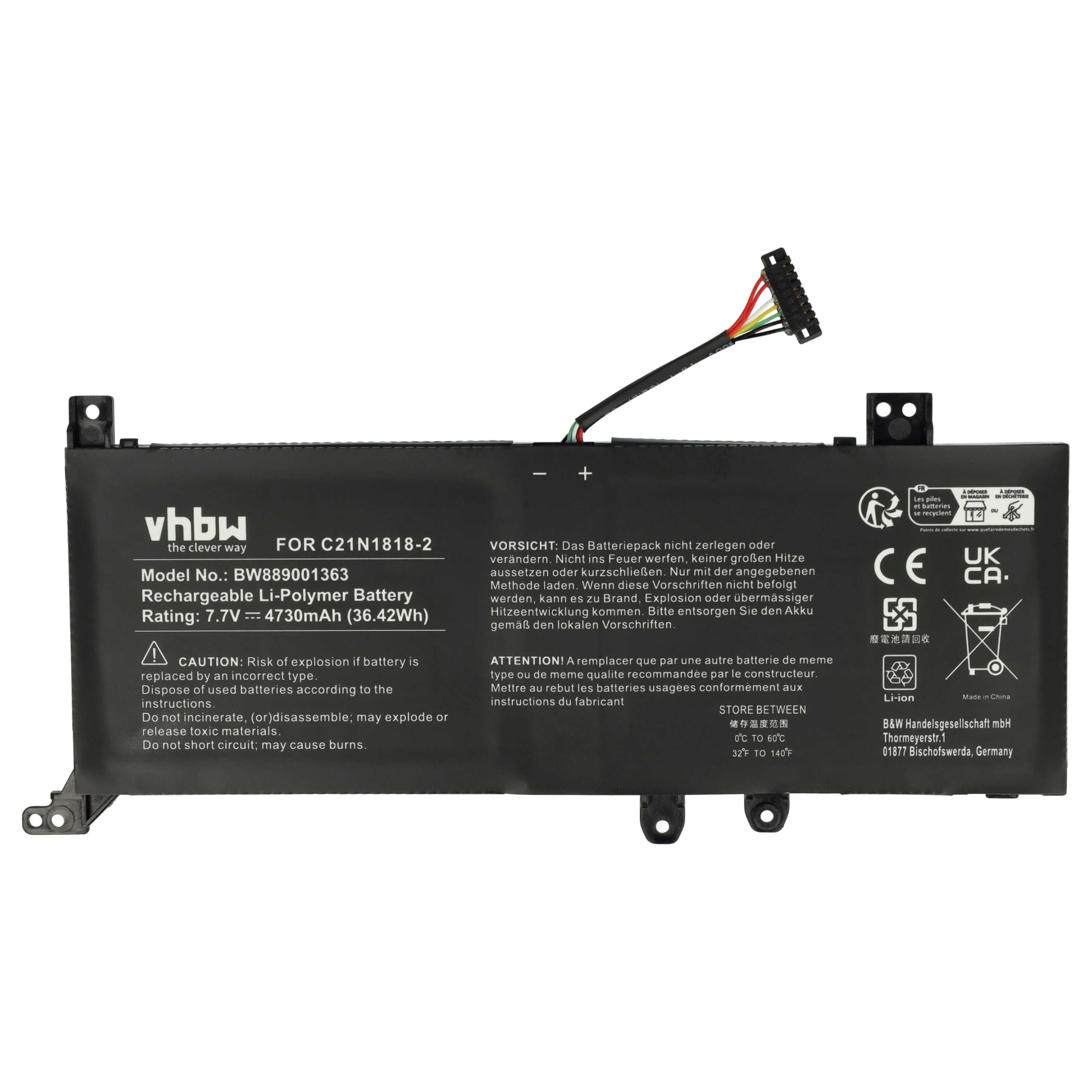 vhbw Bateria kompatybilna z laptopami Asus X515EP, X515F, X515FA, X515J, X515JA, X515JAN, X515JF, X515JP (4730mAh, 7,7 V, litowo-polimerowa)
