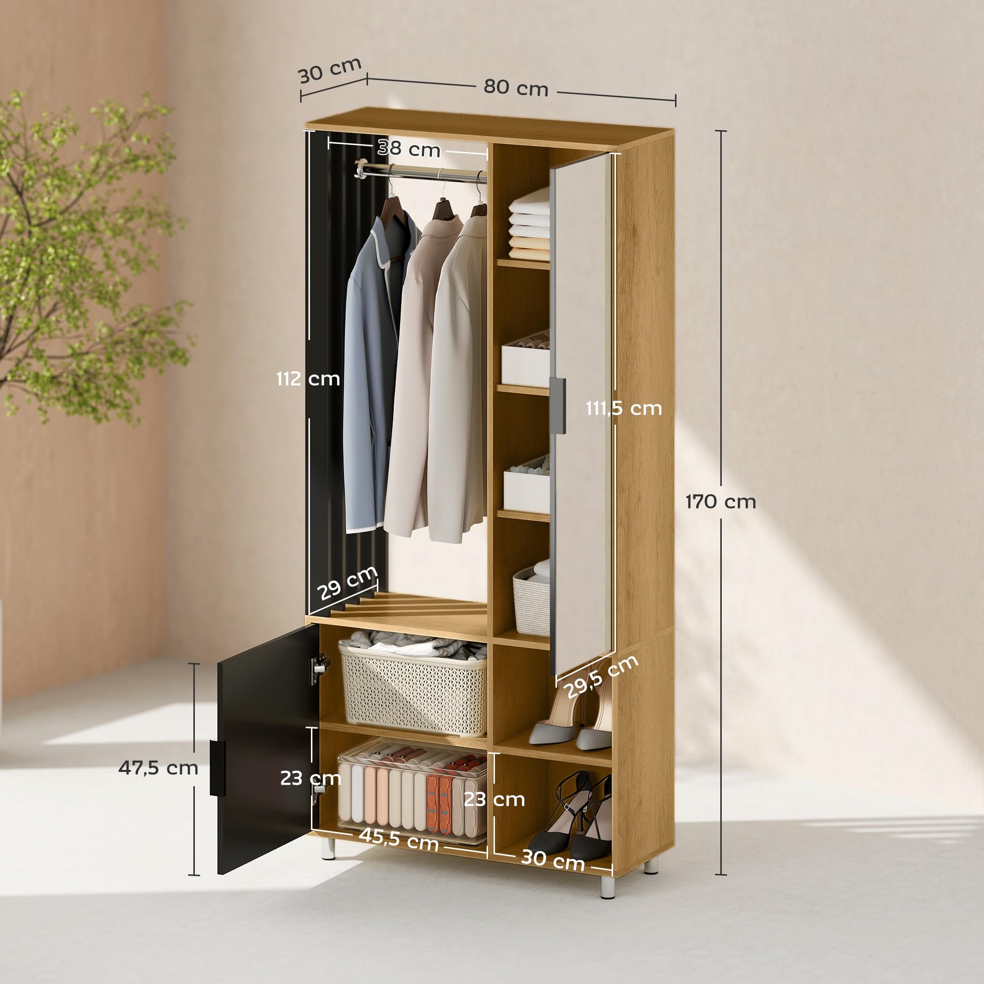 HOMCOM Armoire Chambre penderie Dressing Moderne Armoire de Rangement avec Miroir, Compartiments Ouverts, Placard et Tringle de Suspension, 80 x 30 x 170 cm, Bois Naturel