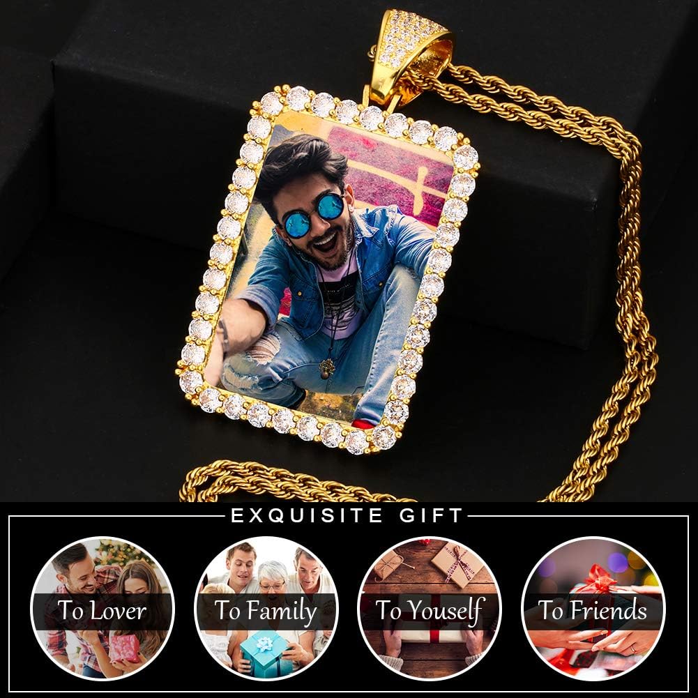 TUHE Custom Picture Necklace Personalized Hip Hop Iced out Heart Angle Wings Pendant Photo Necklace for Men Women Memory Chain Necklace Customized with Picture Rope/Tennis/Cuban Chain Necklaces