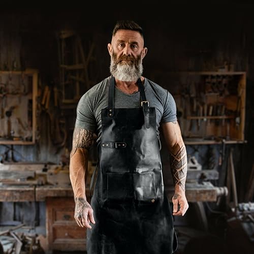 Miniatura 4 de Delantal de cuero con bolsillo  Delantal de carniceros de cuero Babero Barista Baker Barman BBQ Chef Barber Uniforme