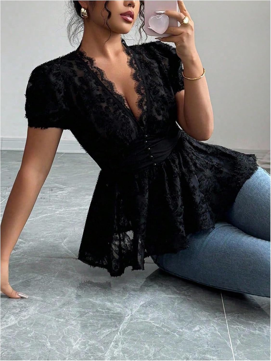 SweatyRocks Women's Short Sleeve Deep V Neck Sheer Lace Button Ruched Ruffle Peplum Shirt Top Blouse - Image 6
