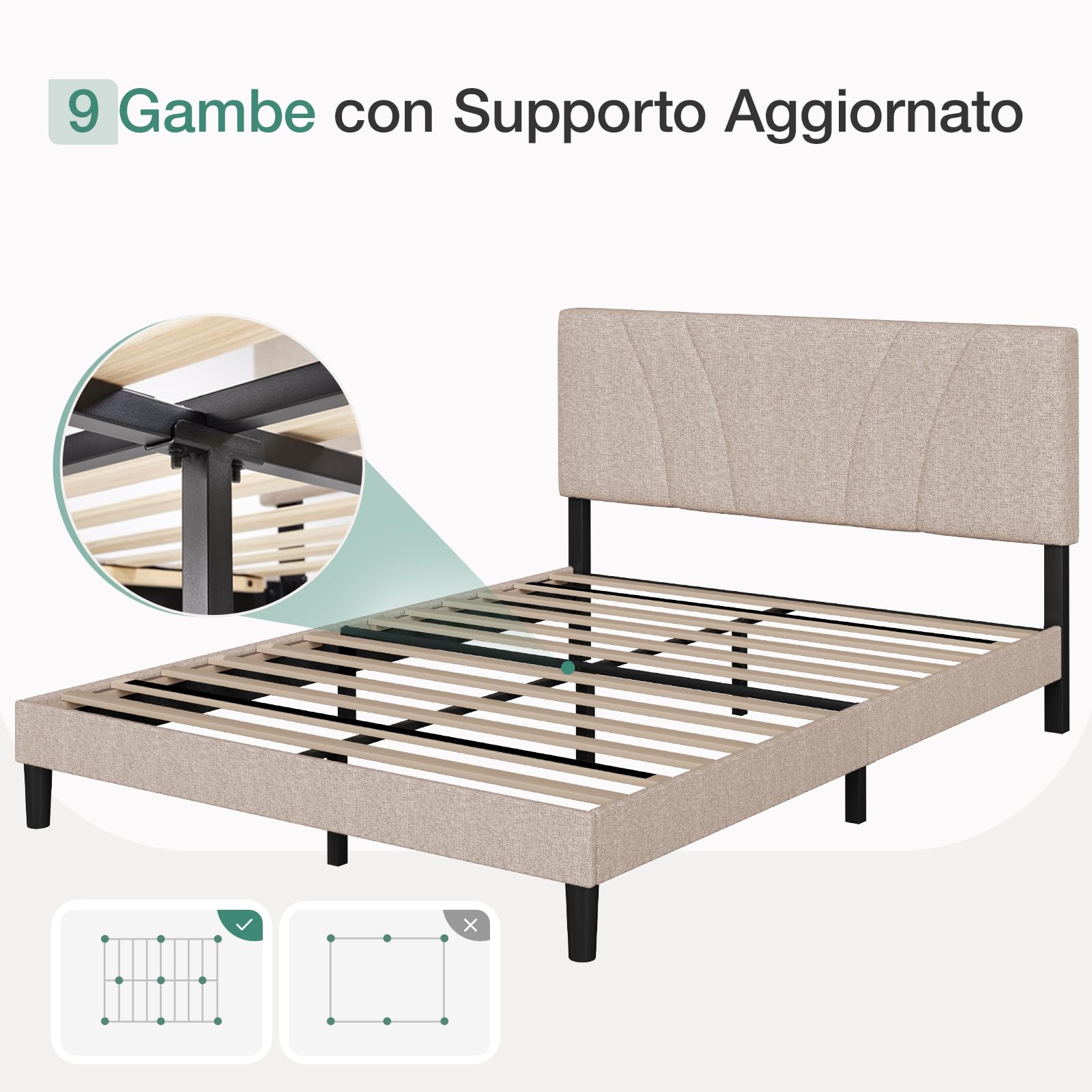 Novilla Telaio del Letto Matrimoniale 180x200 Rete Letto a Piattaforma Imbottito con Testiera Imbottita e Schienale, Supporto per Doghe in Legno, Facile da Montare, Beige