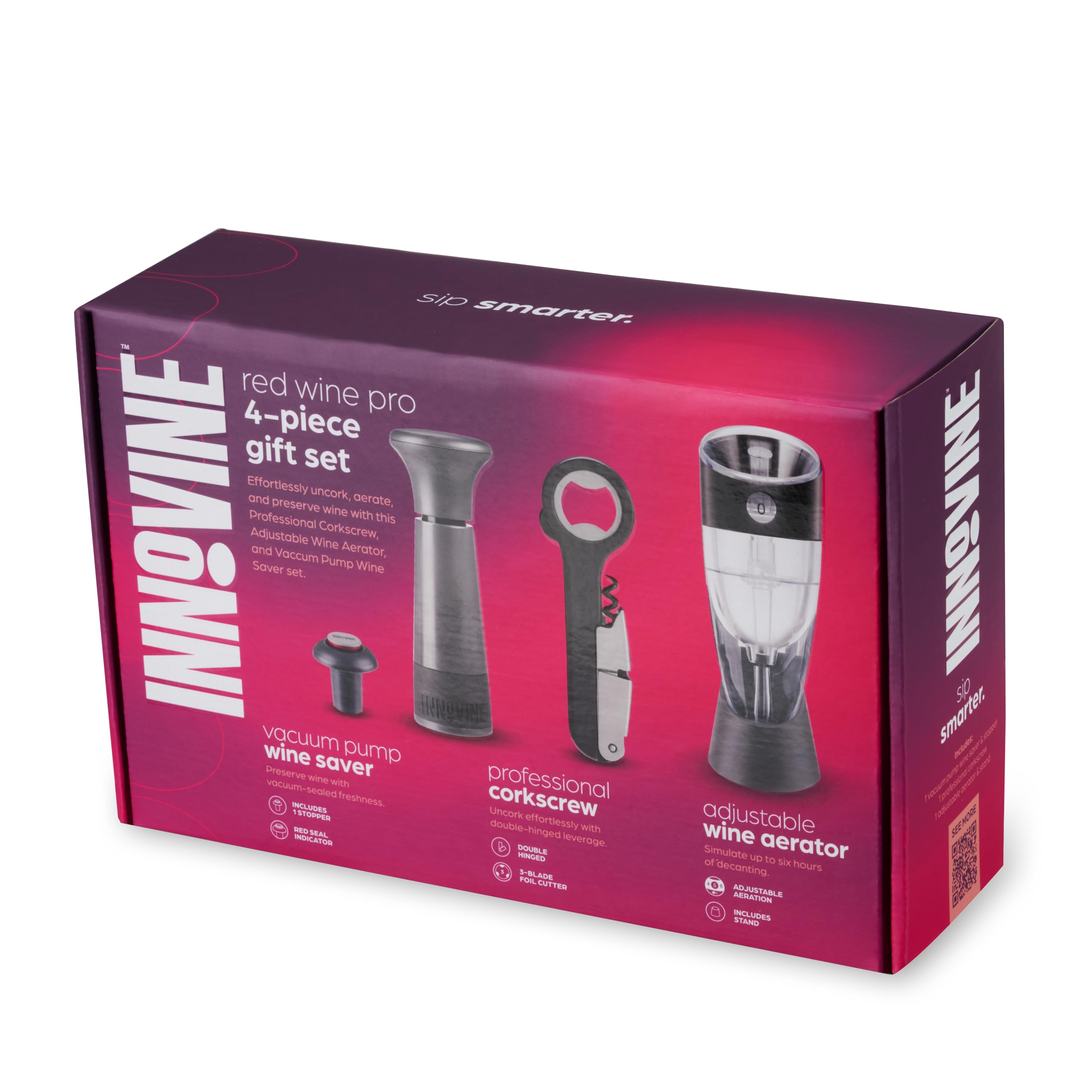 Innovine Red Wine Pro 4-teiliges Weinwerkzeug-Geschenkset - Verstellbarer Weinbelüfter mit Ständer, Doppelscharnier-Korkenzieher & Vakuum-Weinsparer mit Stopper - Komplettes Rotweinöffnungs