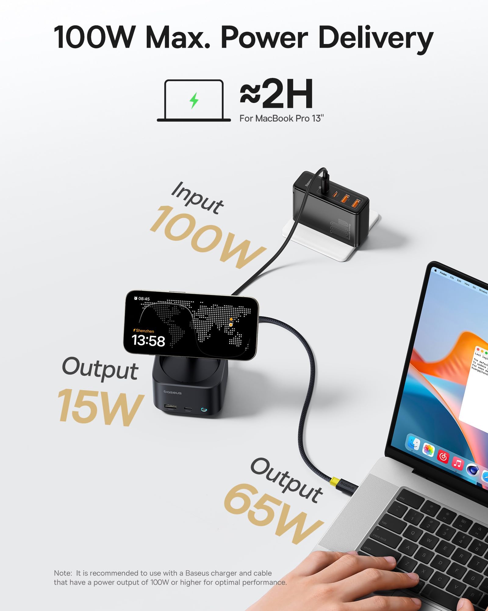 Baseus stacja ładująca i dokująca 7 w 1 Magsafe USB C, z ładowarką bezprzewodową Qi2 15 W, 4K 60 Hz HDMI, 100 W PD, 10 Gbps USB, czytnik kart SD kompatybilny z iPhone 16/15/Mac/Dell/HP/Surface