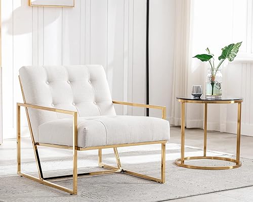 Miniatura 3 de HNY Silla decorativa moderna de mediados de siglo, silla tapizada con botones de lino con marco de metal dorado, silla de sala de estar de 25.5