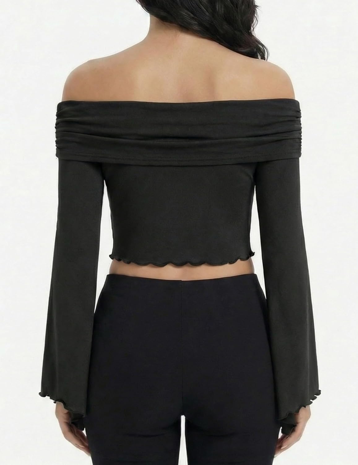 ZAFUL Women's Ruffle Blouse Off Shoulder Crop Bell Sleeve Pleated Top Asymmetrical Neckline Renaissance Shirt Black M - Image 5