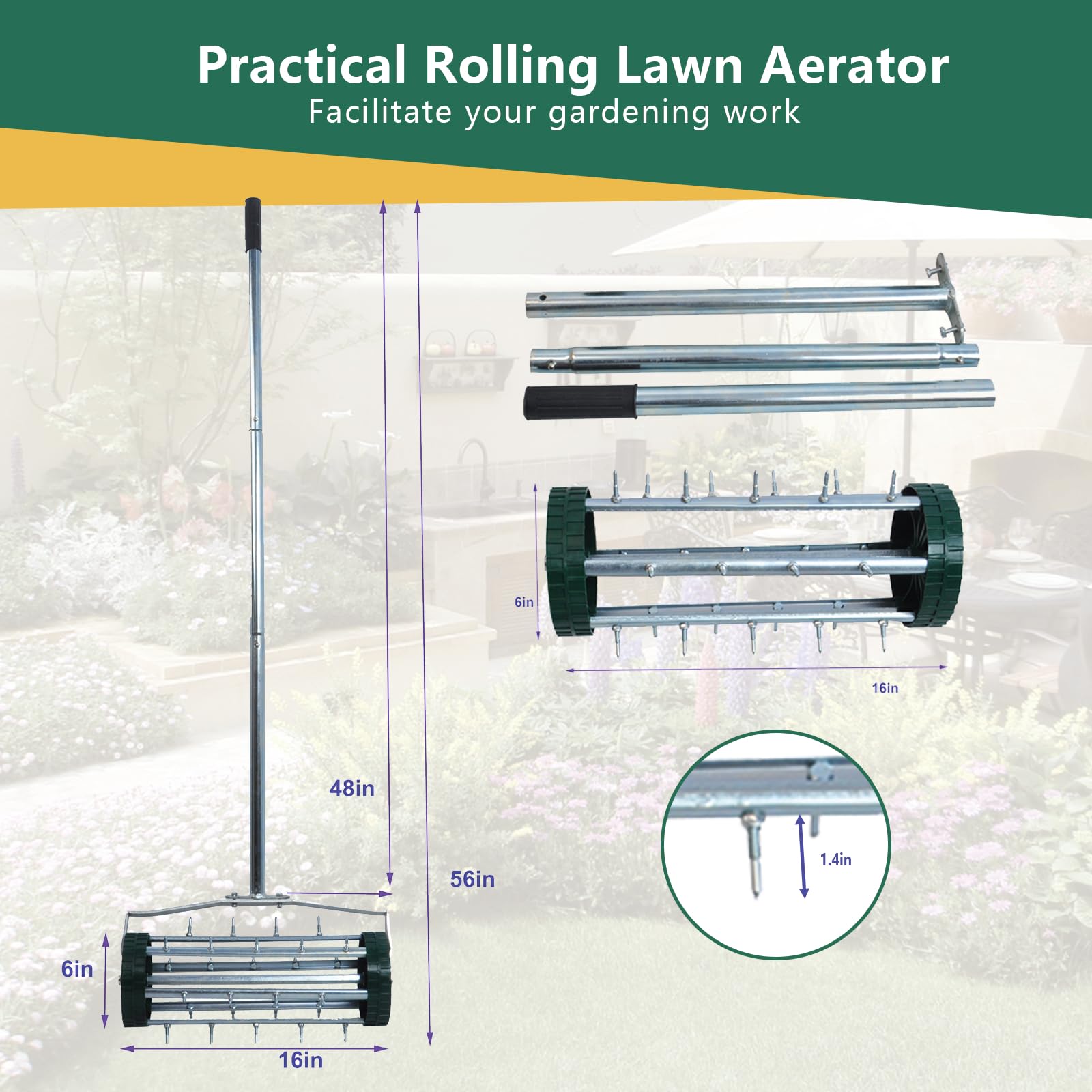 Heavy Duty Rolling Lawn Aerator,Rolling Lawn Aerator, Rotary Push Tine Spike Soil Lawn Aerator Gardening Tool with 3-Piece Long Steel Handle for Garden Yard Grass Maintenance,Garden Yard Rotary Push