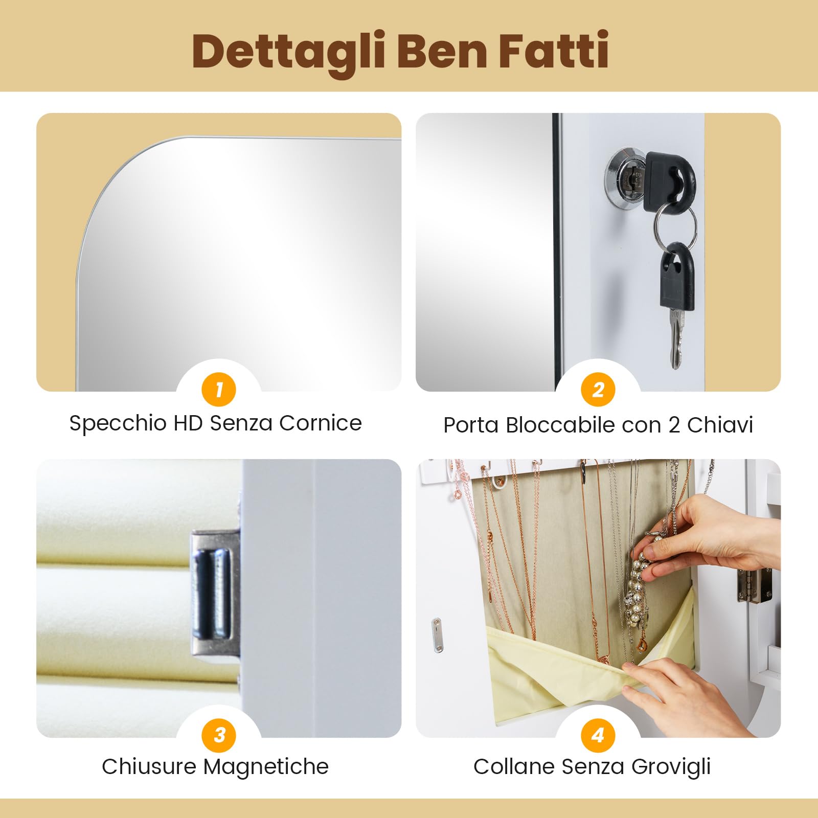 COSTWAY Specchio Portagioie da Parete, con 6 Luci LED | Armadietto per Gioielli a Muro, Ganci e Scomparto, Portagioie Donna Salvaspazio con Serratura per Camera da Letto