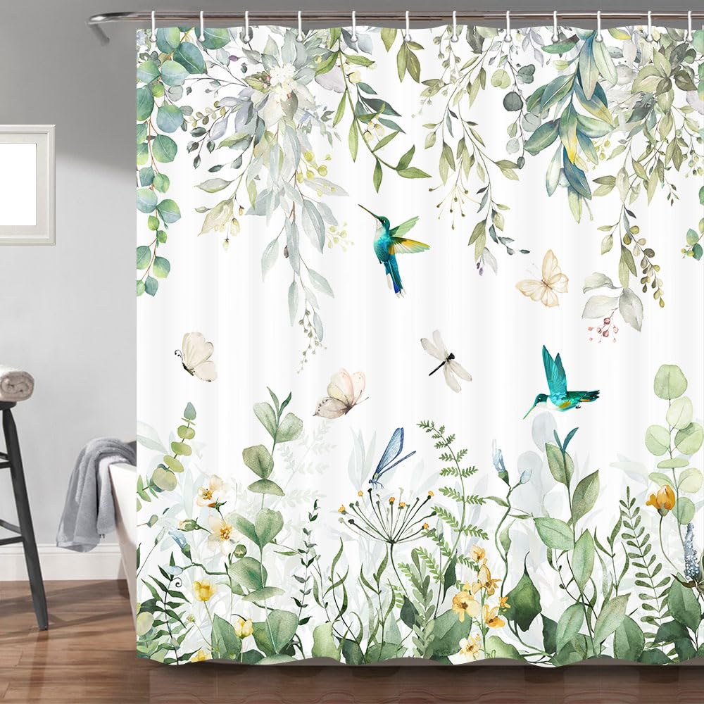 Torich Sage Green Eucalyptus Shower Curtain for Bathroom, Leaves Plant Floral Bathroom Decor Bath Curtains, Bird Leaf Botanical Waterproof Fabric