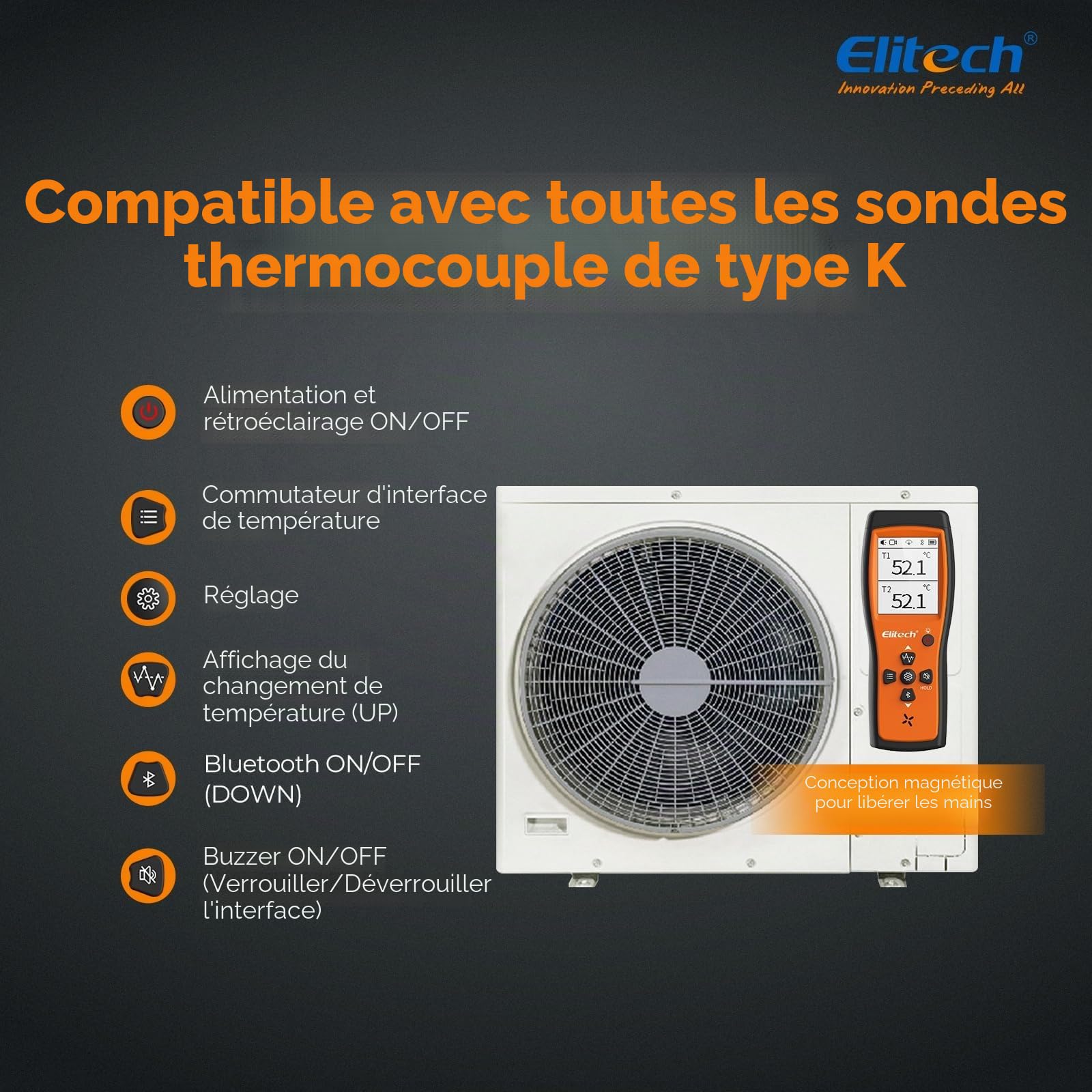 Elitech Thermomètre Thermocouple de Type K Double Canaux avec APP pour CVC Réfrigération Maintenance Automobile et Pompe à Chaleur -50 à 500℃ ICT-220