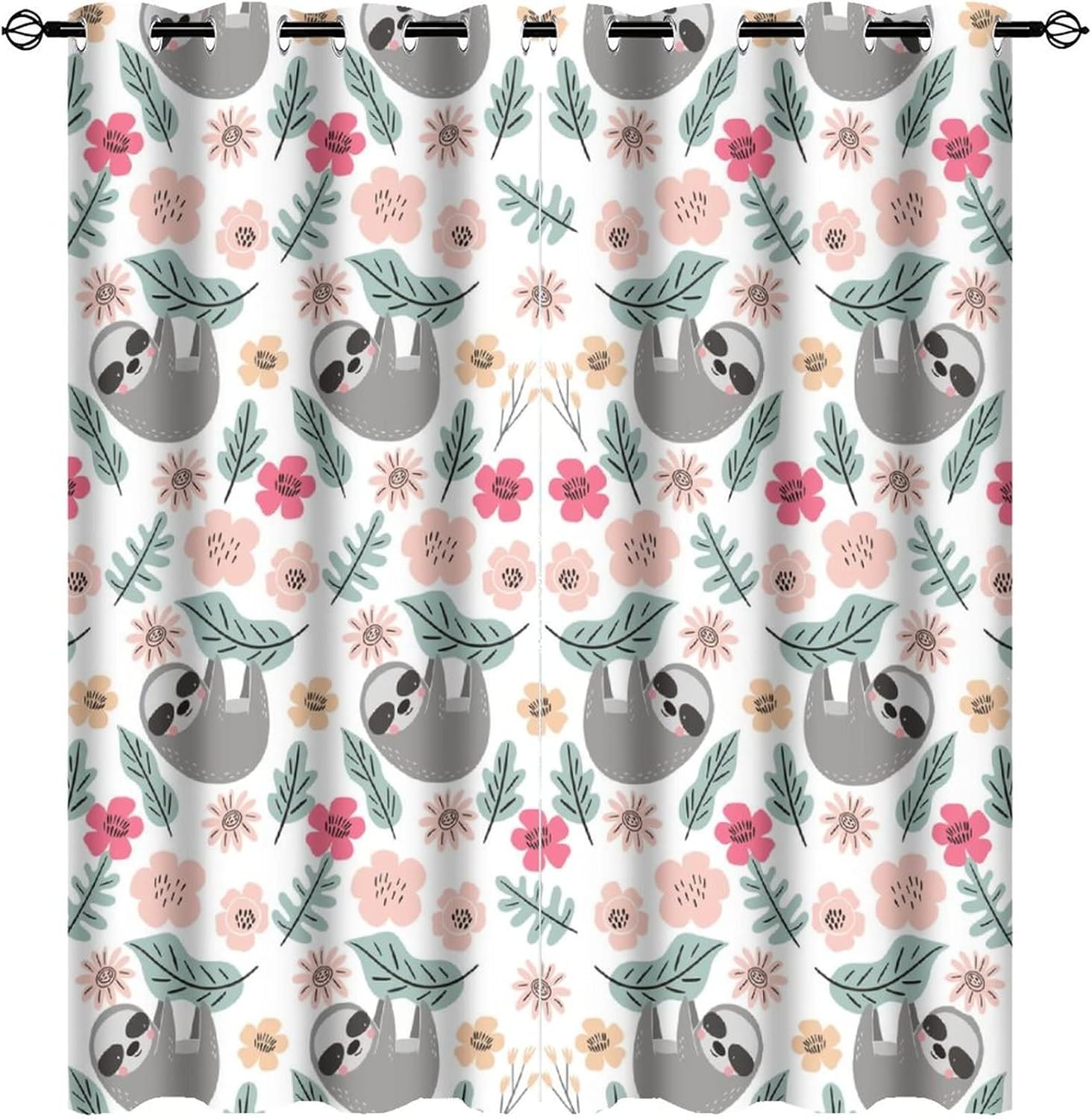 Cartoon Sloth Ultra Soft Premier Blackout Curtains,Rustic Forest Animal Baby Sloth Tropical FlowerThermal Insulated Bedroom Noise Reducing Patio Door Grommet Top,2 Panels 63L x 27.5W