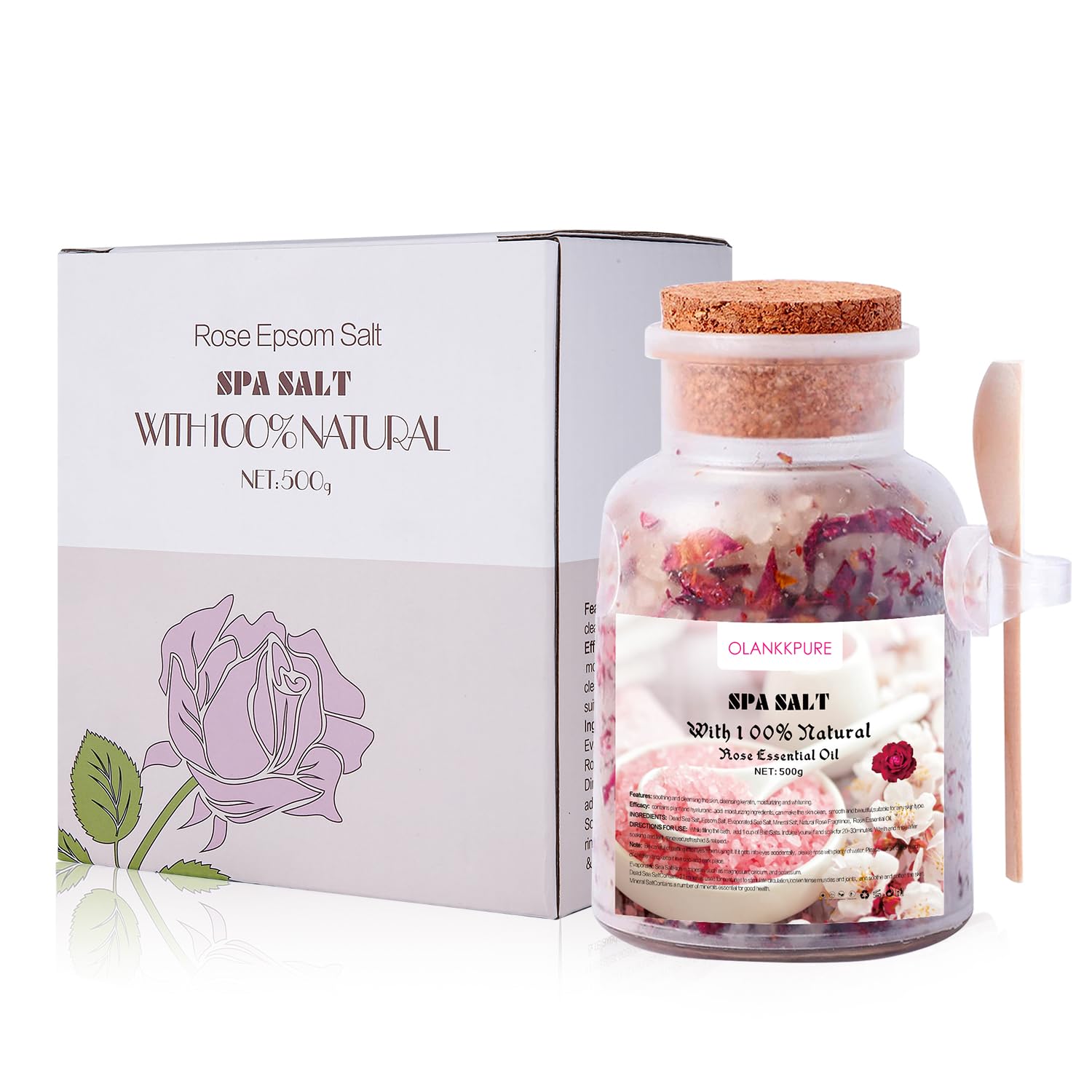 Epsom Salt with Rose Petals 500g,Bath Salts 100% Natural Aromatherapy -Rose Essential Oil Bath Salts