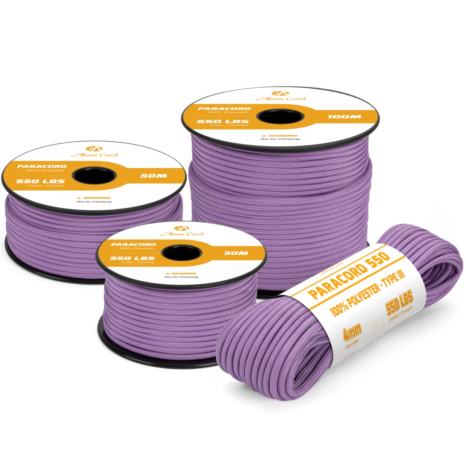 Abma Cord 550 Paracord 4mm 30m Rope 7 Strands Type III Parachute Cord for Crafting, Camping, Survival, Outdoor - Max. 250kg - Lilac