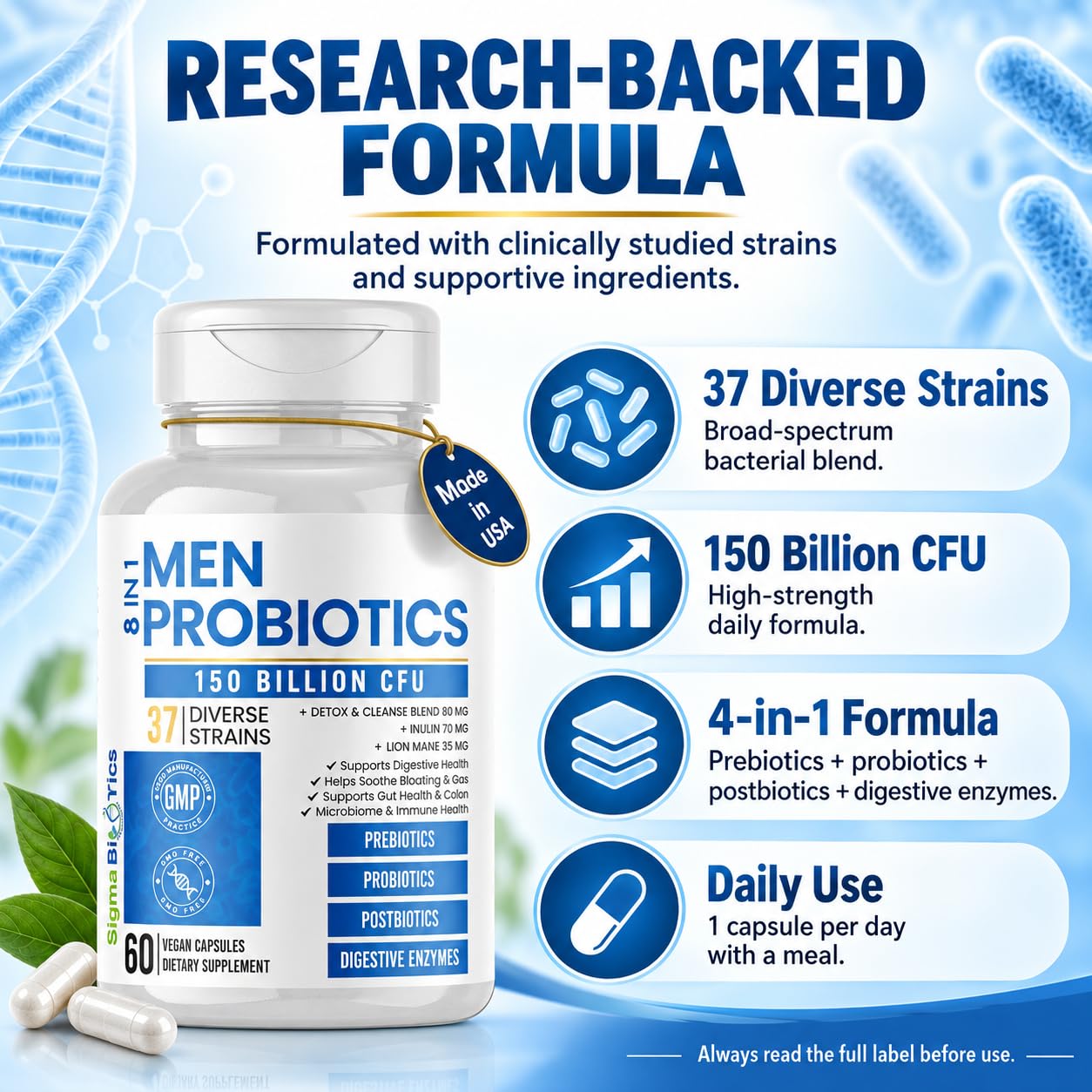 Probiotics for Men 150 Billion CFU 37 Strains + Organic Prebiotics, Enzymes — Amazon image 4