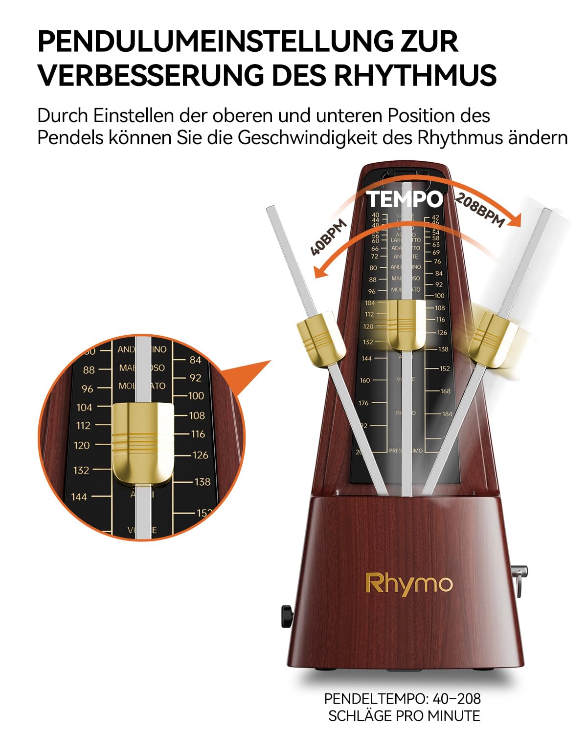 Rhymo Metrónomo Mecánico para Piano/Violín/Guitarra/Bajos e Instrumentos de Viento, Beat Preciso, 40-208 BPM con 4 Modos de Ritmo (2/4, 3/4, 4/4, 6/8), Diseño Clásico de Cuerda(Nogal)