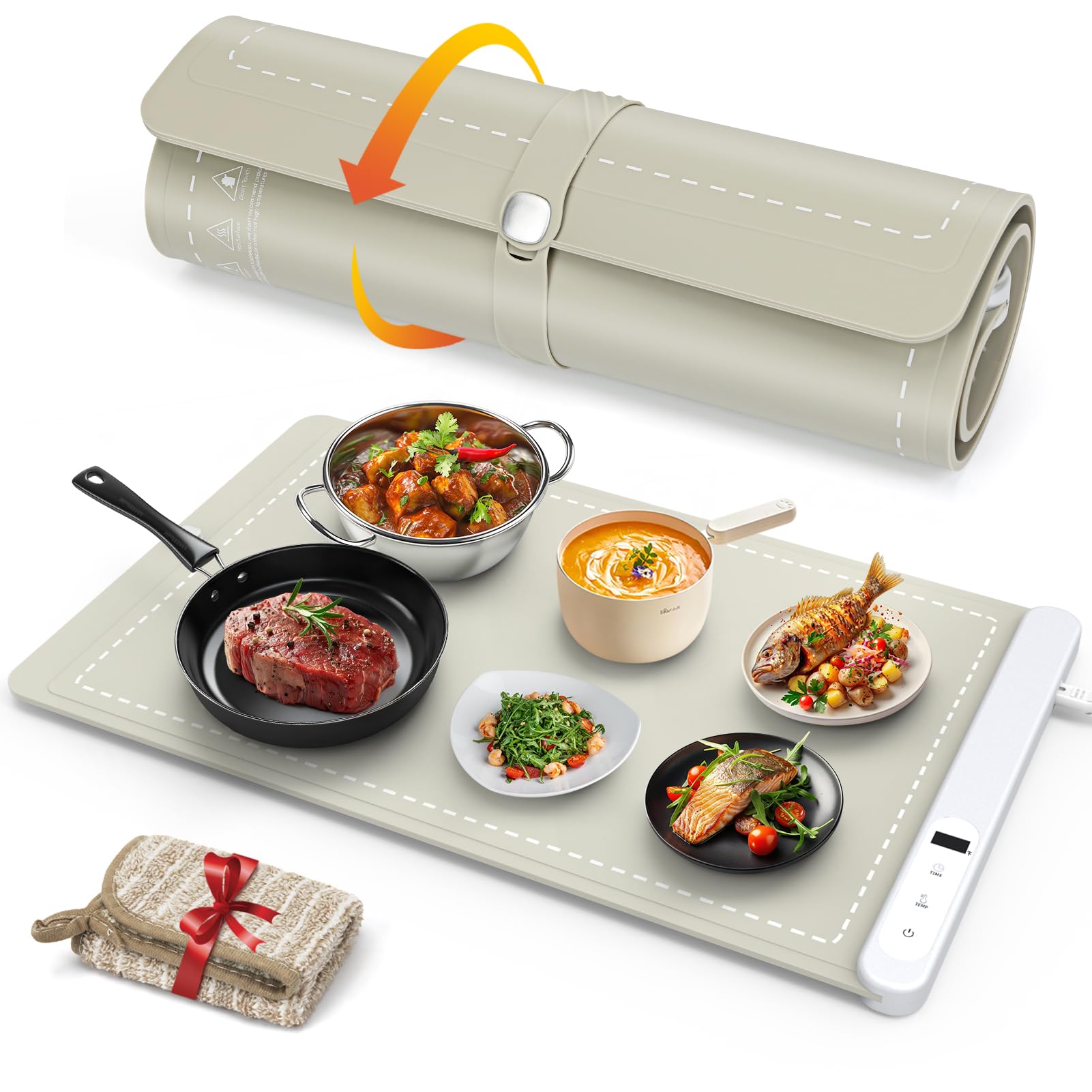 FYY Food Warming Mat - Electric Warming Tray with 6 Temperature Settings and 6 Hours Timer, Full Surface Graphene Heating Food Warmer, Premium Rollable Heating Tray for Gatherings, Parties, KhakiCarbonfree Certified