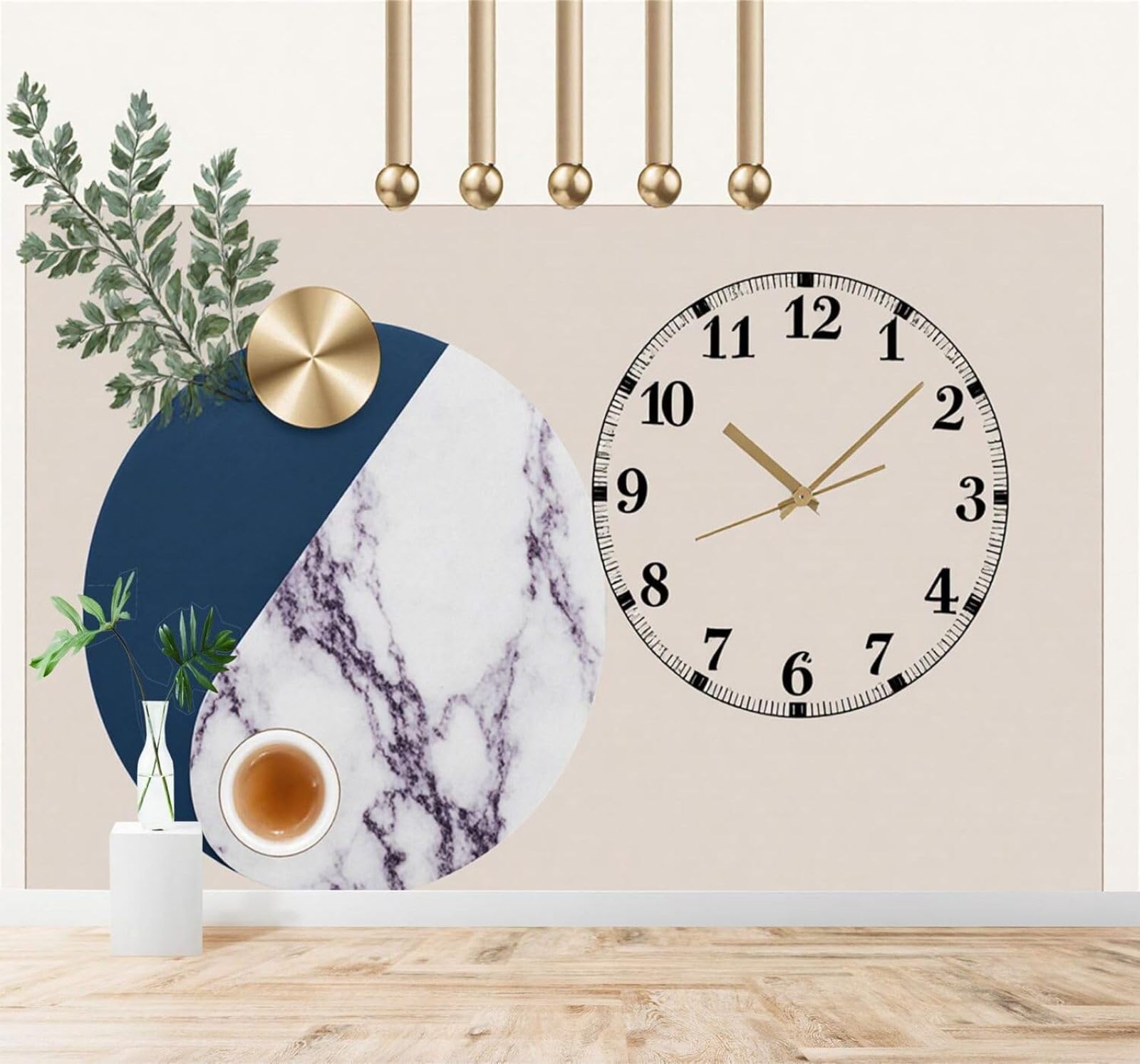 Tzxztt 400Cm×280Cm(B×H) Minimalist Clock Marble Texture Gold Accents Green Leaves Modern 3D Wallpaper Premium Textured Silk Neutral Tones Material Ideal For Living Room Bedroom-400Cm×280Cm
