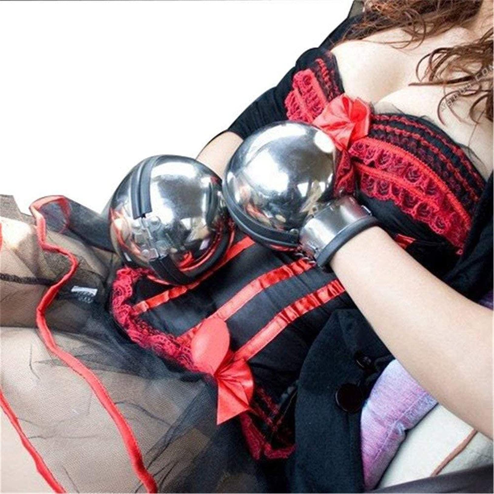 Métal Bondage BDSM Ball Casque Menottes Retenue Multi Couleurs Couverture Complète Tête Capot Poignets Restrictions Sex Toys for Hommes Femme(Blue Blau,Male)