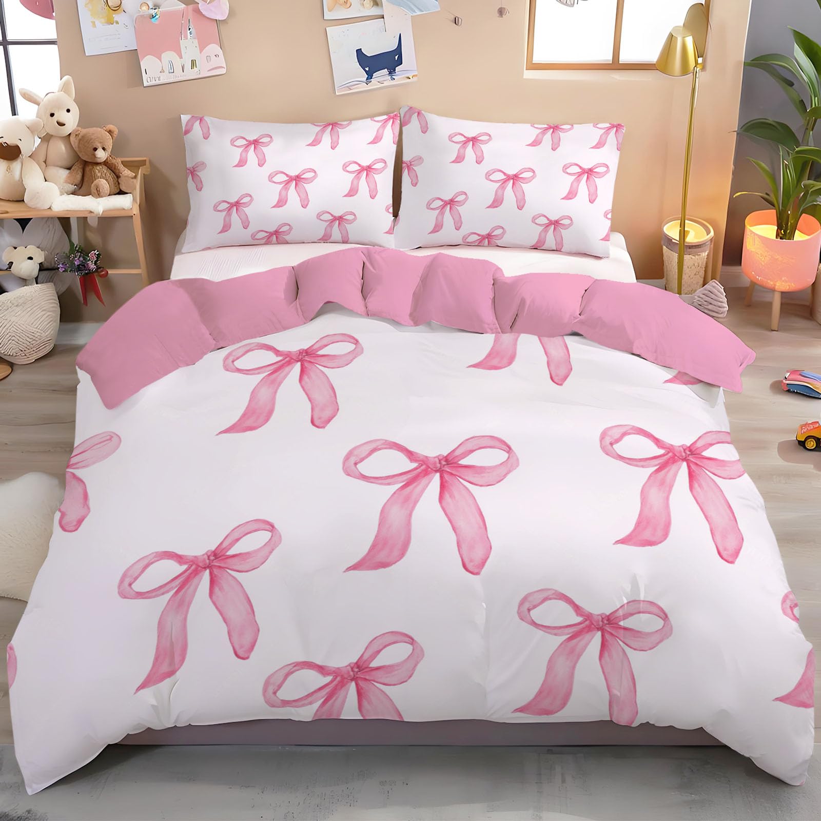 Housse de couette 240x260 nœud aquarelle rose avec 2 taies 65x65